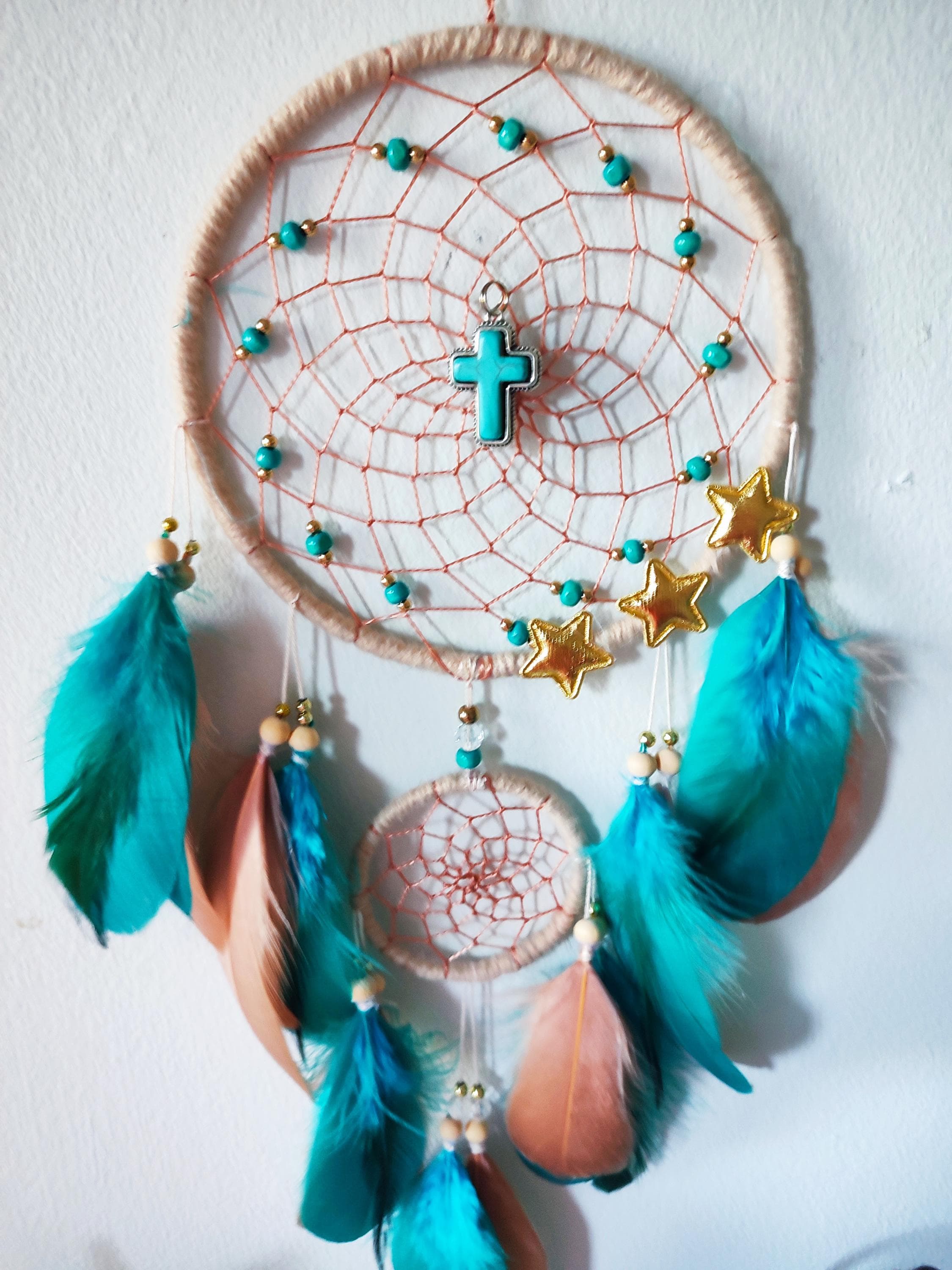 Turquoise Dreamcatcher, Cross Wall Decor, Baptism Gifts, Religious