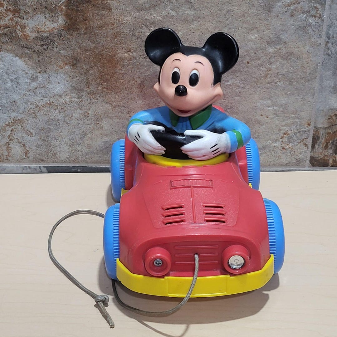 Vintage Mickey Mouse Driving Red Car Pull Mees Toy Car Kohner Bros
