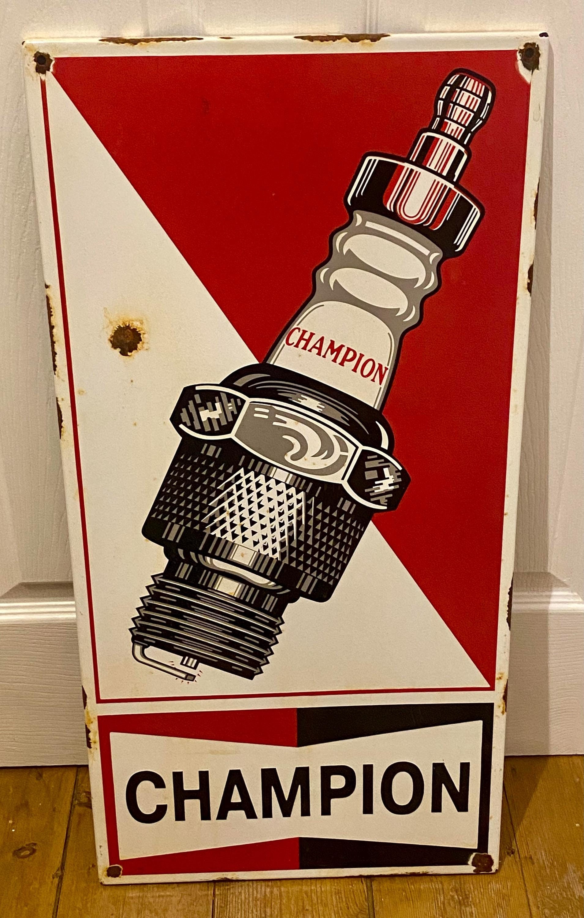 Vintage Champion Spark Plugs Enamel Sign: Automotive Garage Decor