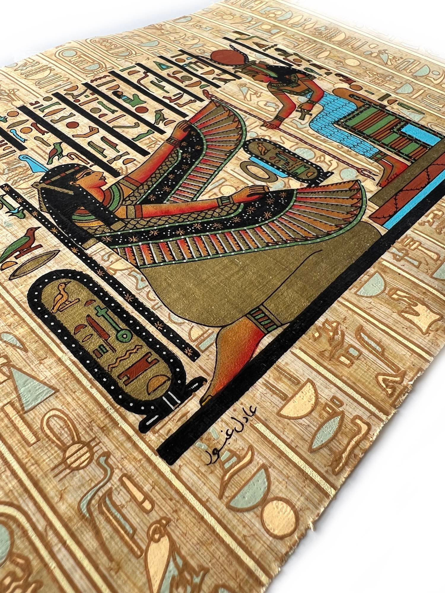 ヴィンテージ手描きパピルス - マアトとイシス、エジプトの女神アート