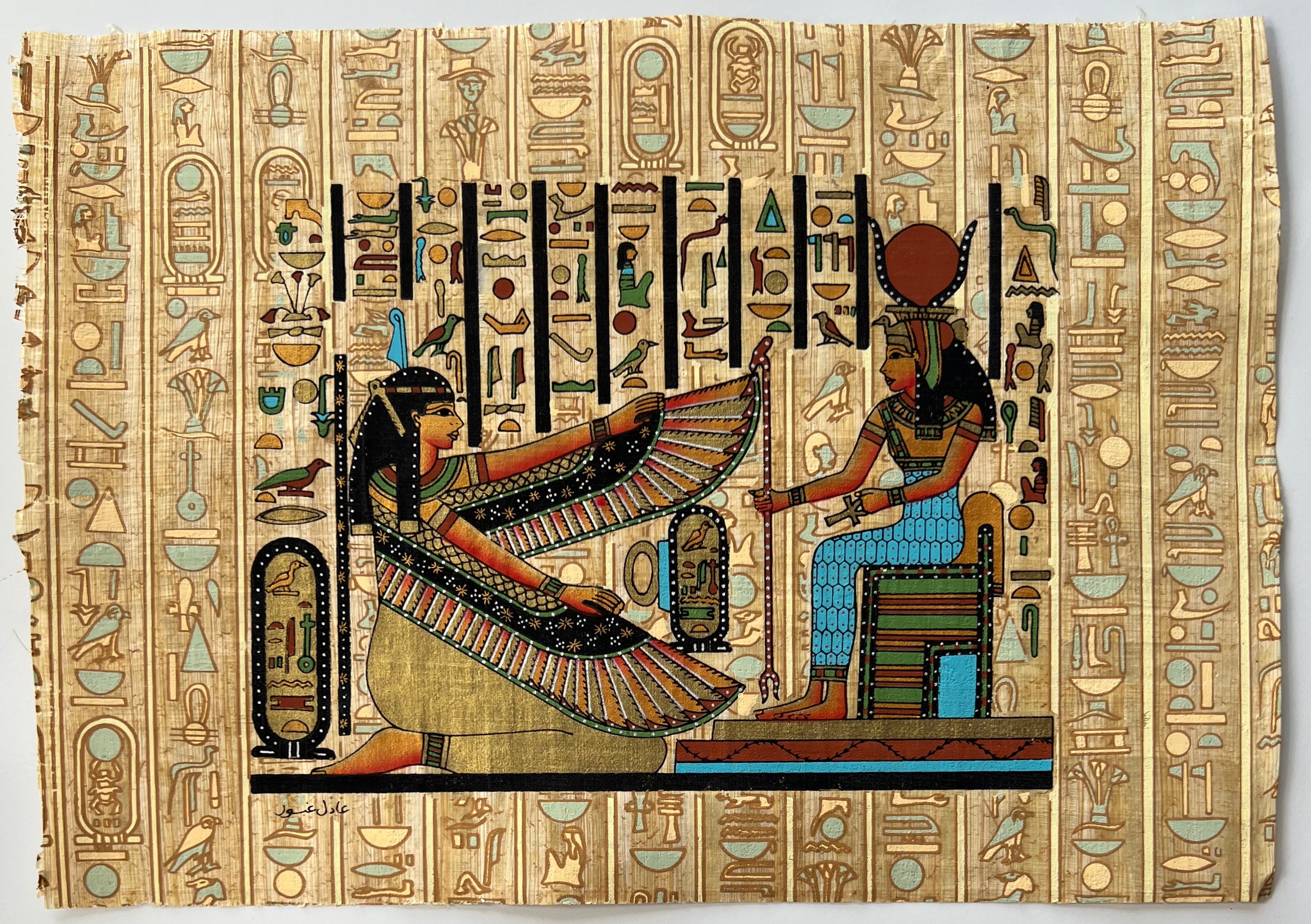 ヴィンテージ手描きパピルス - マアトとイシス、エジプトの女神アート