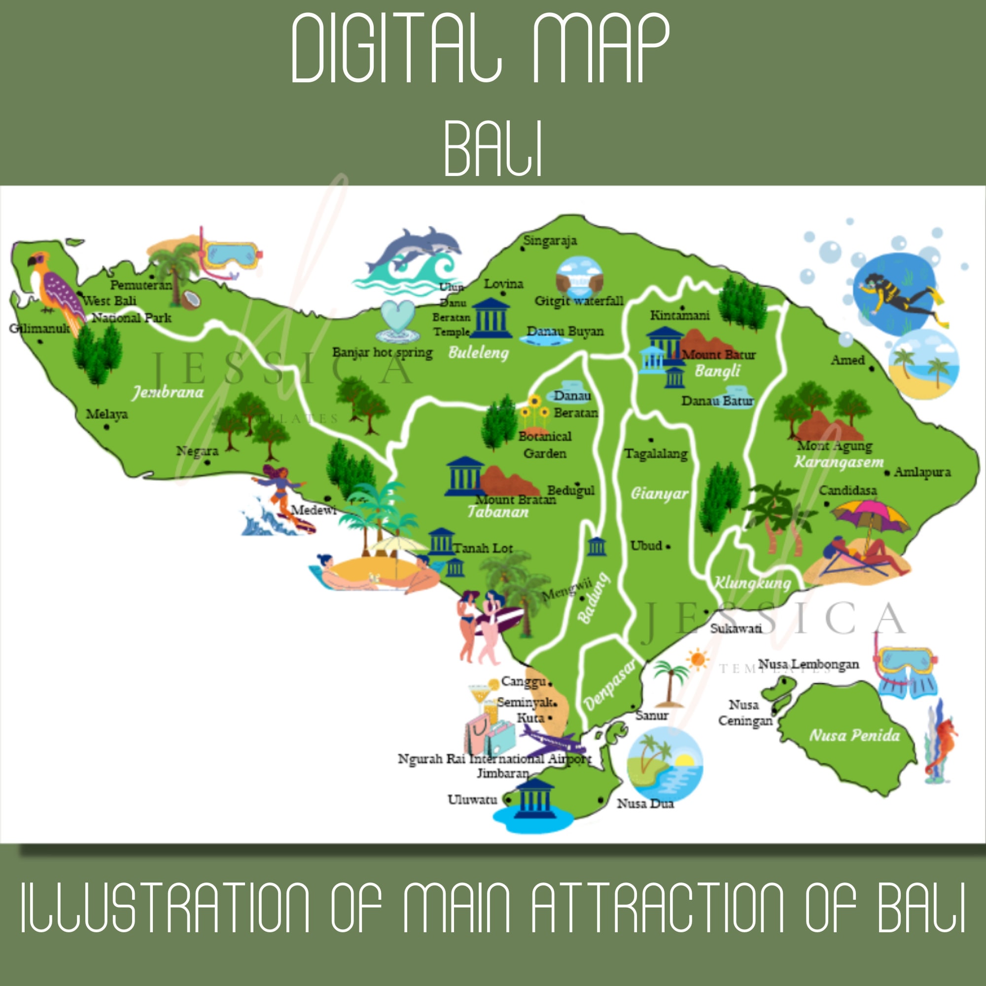 Bali Illustrated Map Art Print: Travel Wall Decor (digital