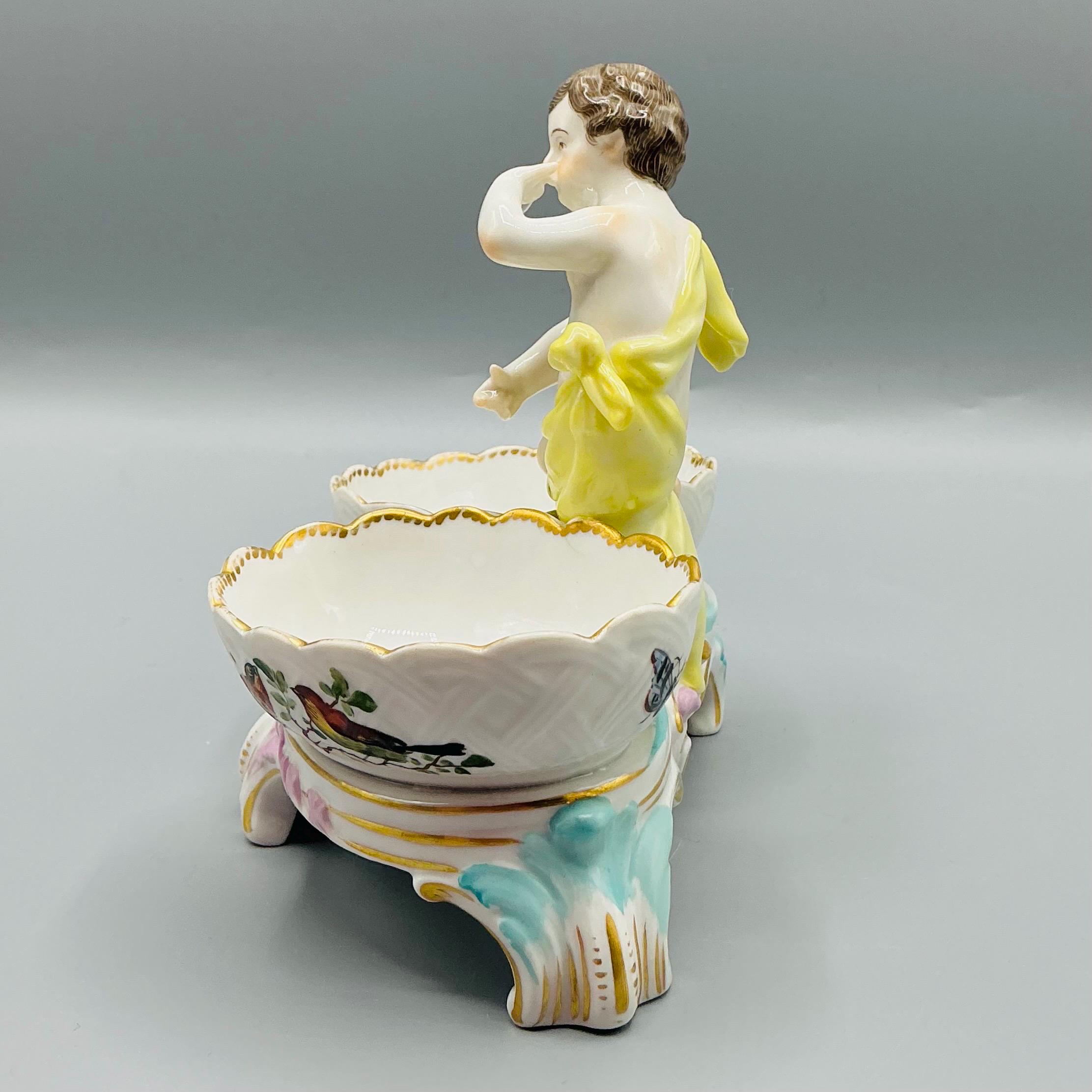 アンティークKPM磁器製塩皿、ロココ様式、二重天使模様、19世紀