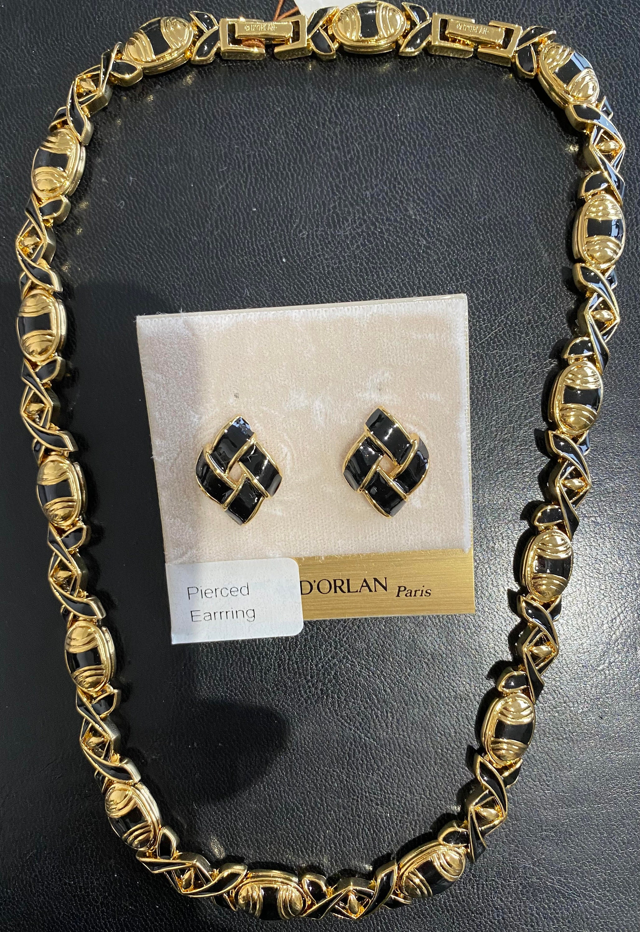 D'orlan Necklace and Pierced Earrings. Hand Painted Black Enamel