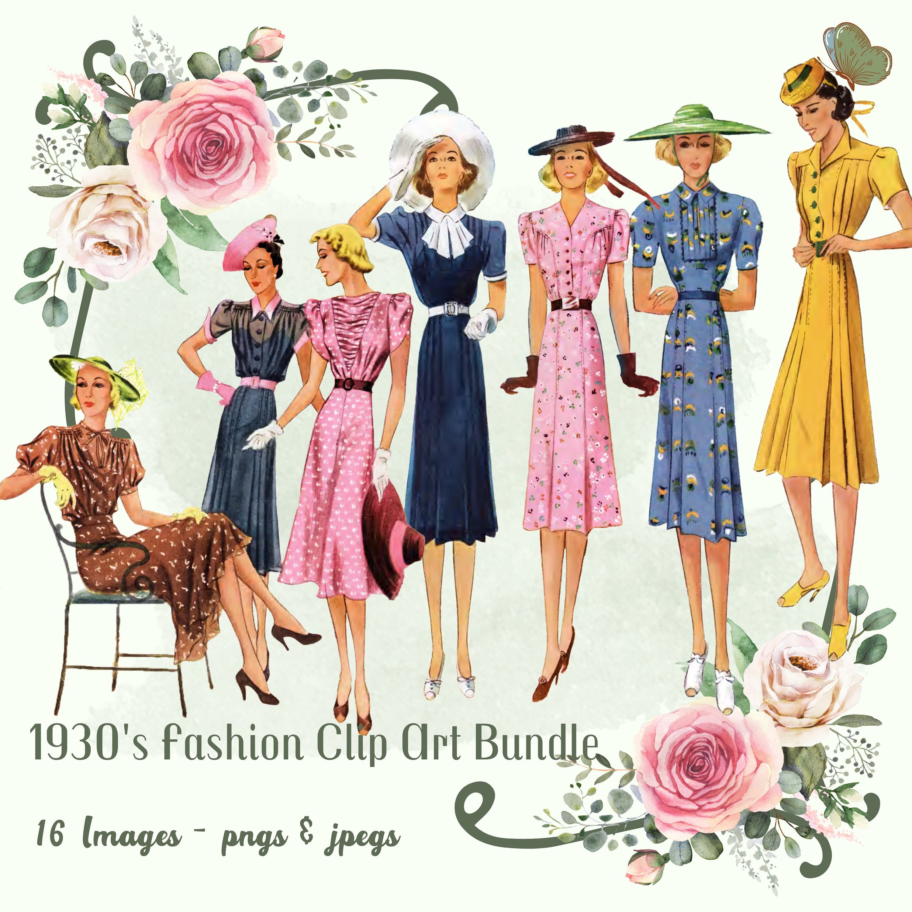 1930年代のレディースファッションクリップアートセット 1930年代の
