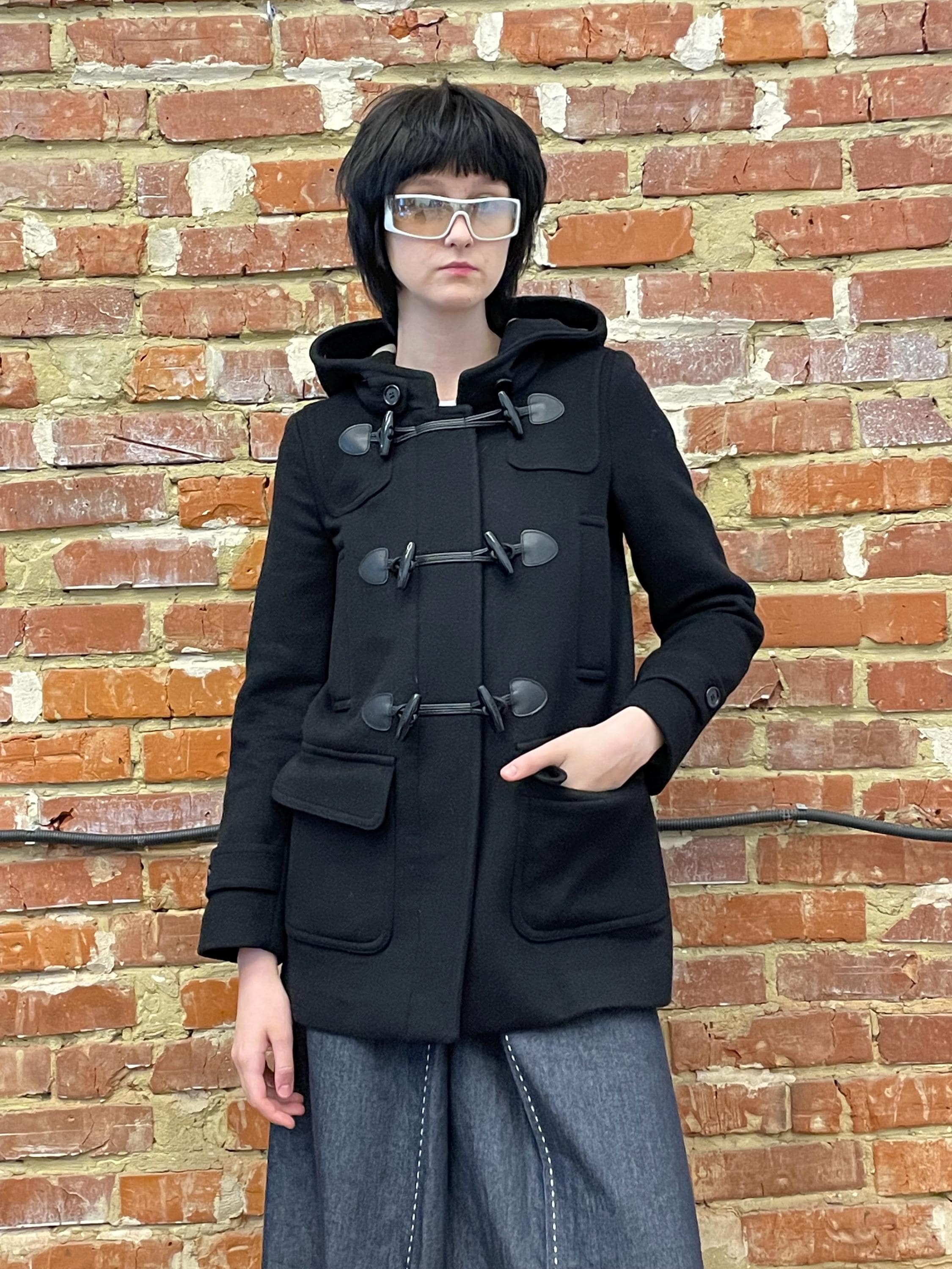 BURBERRY BRIT Black Wool Womens Duffle Coat With Check Hood Size