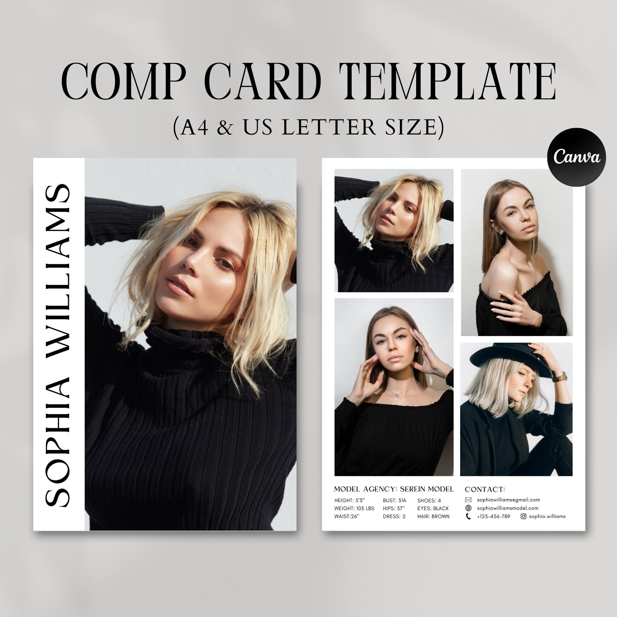Modeling Comp Card Template, Fashion Model Zed Card, Model