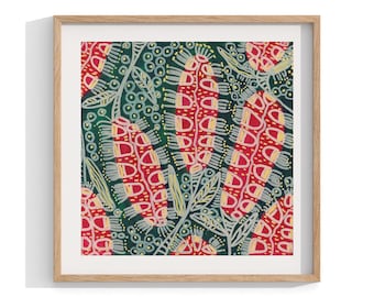 アボリジニの額入りプリント、鳥と花の壁アート、現代的な壁の装飾