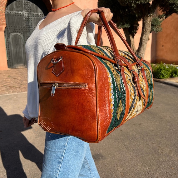 Moroccan Handcrafted Brown Leather Travel Bags With Green Carpet