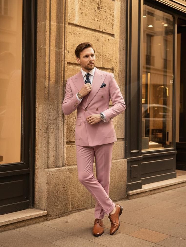 ブラウンのダブルブレストスーツ：上品なツーピースのメンズ