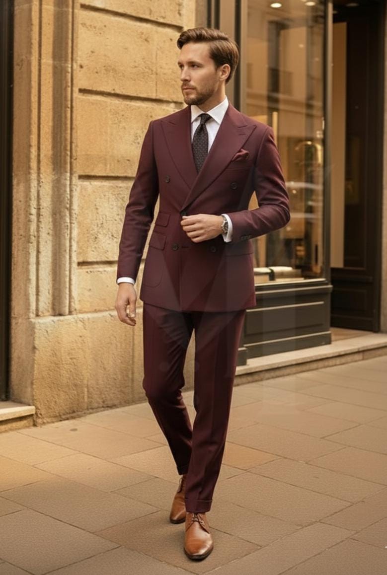 ブラウンのダブルブレストスーツ：上品なツーピースのメンズ