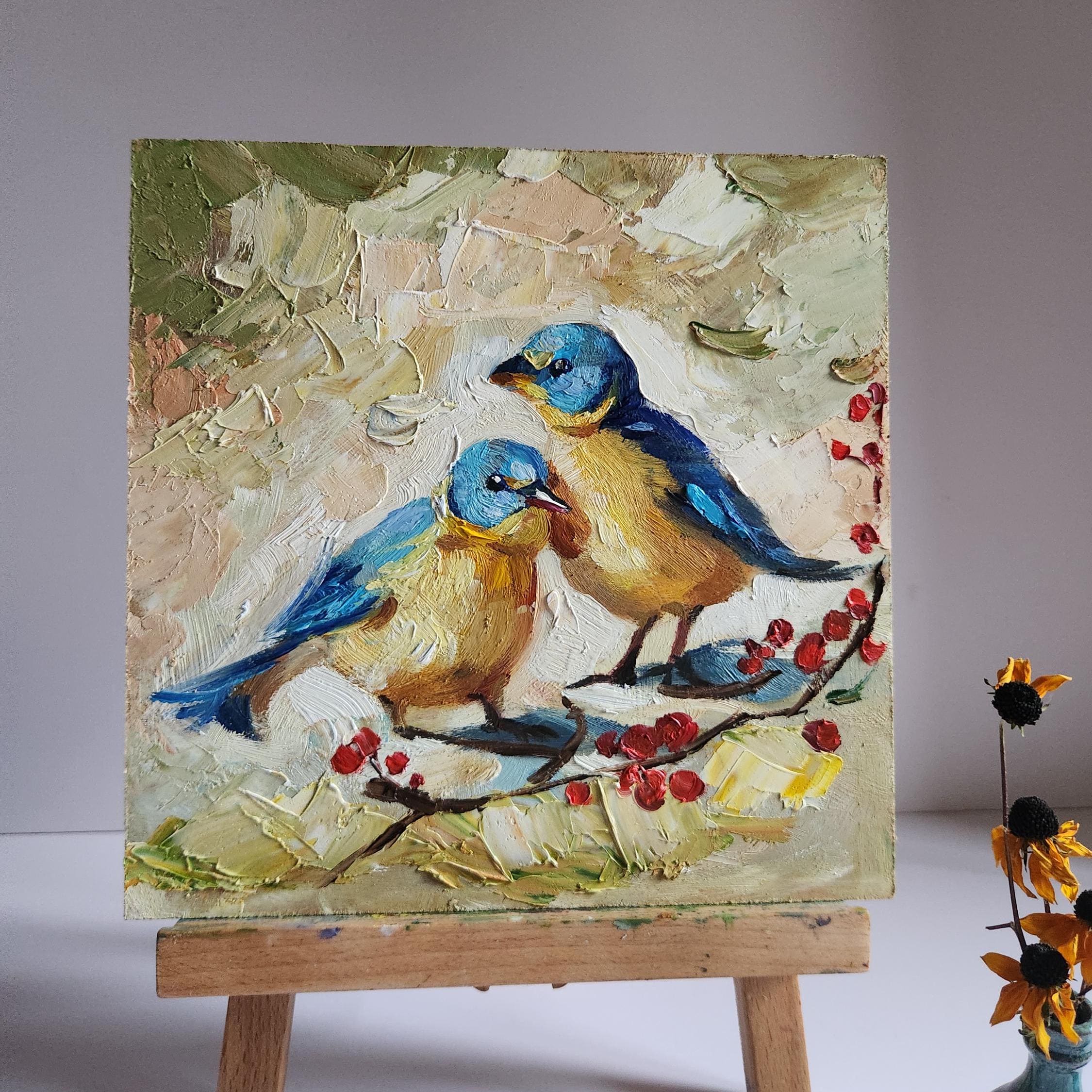 インパスト鳥油絵：モダンパレットナイフアート（10 x 10インチ