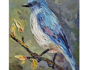 青い鳥の油絵、かわいい静物画、モダンな室内装飾（8 x 6インチ