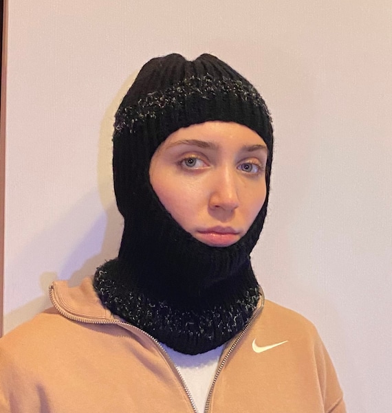 Hand-knitted Women Wool Balaclava, White, Black, Red, Face Mask