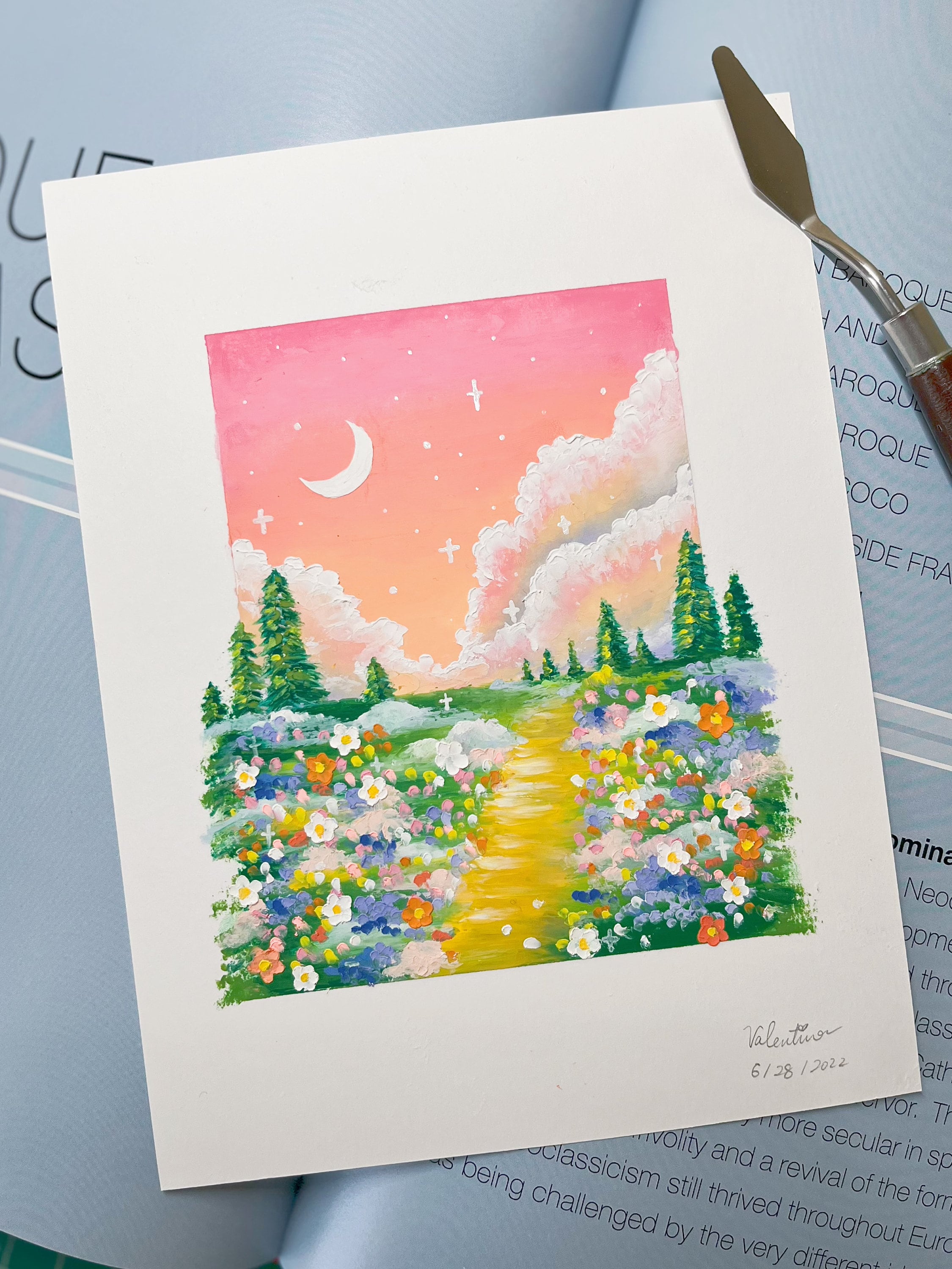 手描きの花のオイルパステル画：夕焼けの風景画（6x8インチ） - Etsy 日本