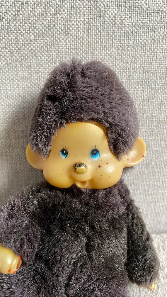 Vintage 1974 Baby Brown Monchhichi Blue Eyes Retro Plush Toy Size