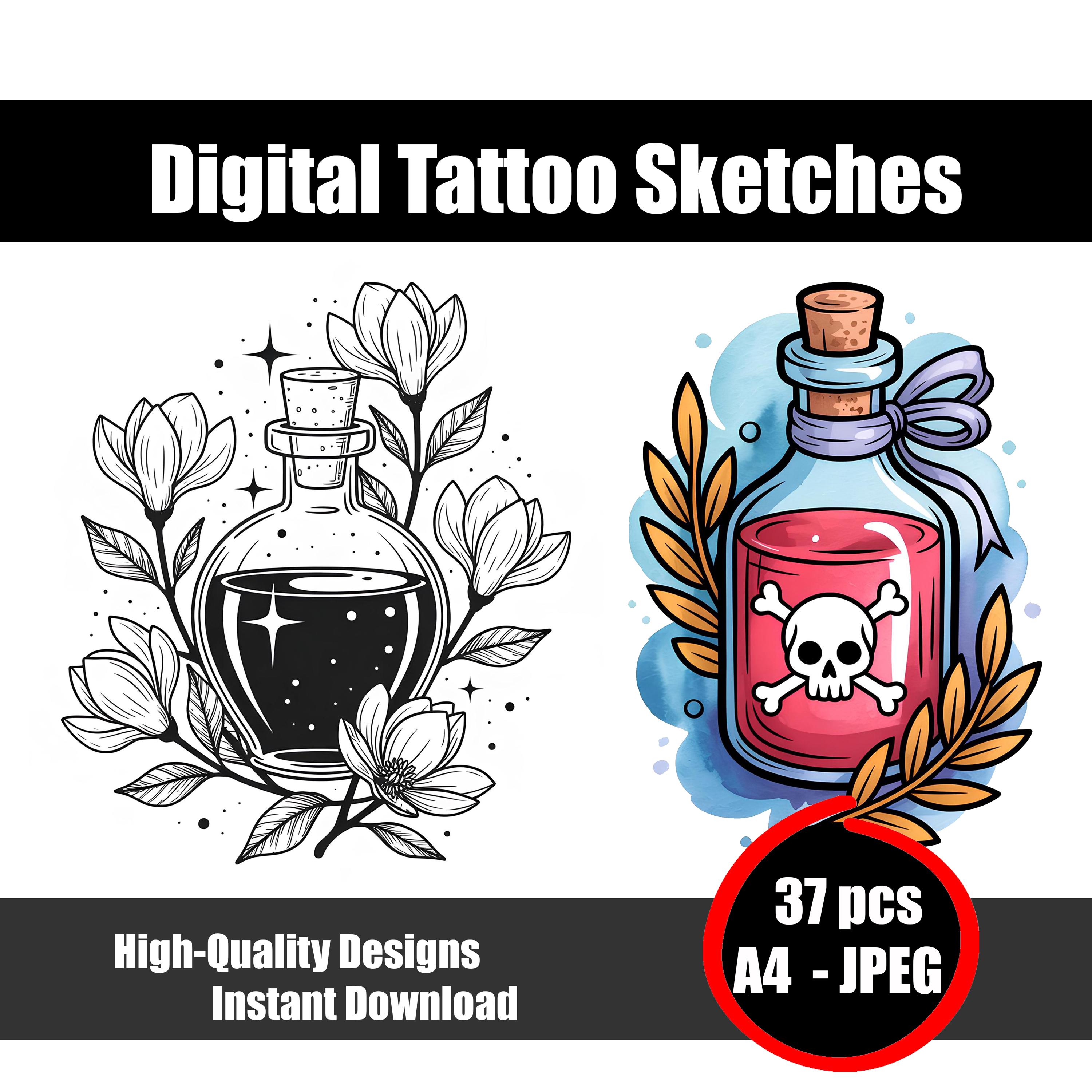 ポーションタトゥースケッチ3 - 魔法のボトルのイラスト、錬金術と魔術