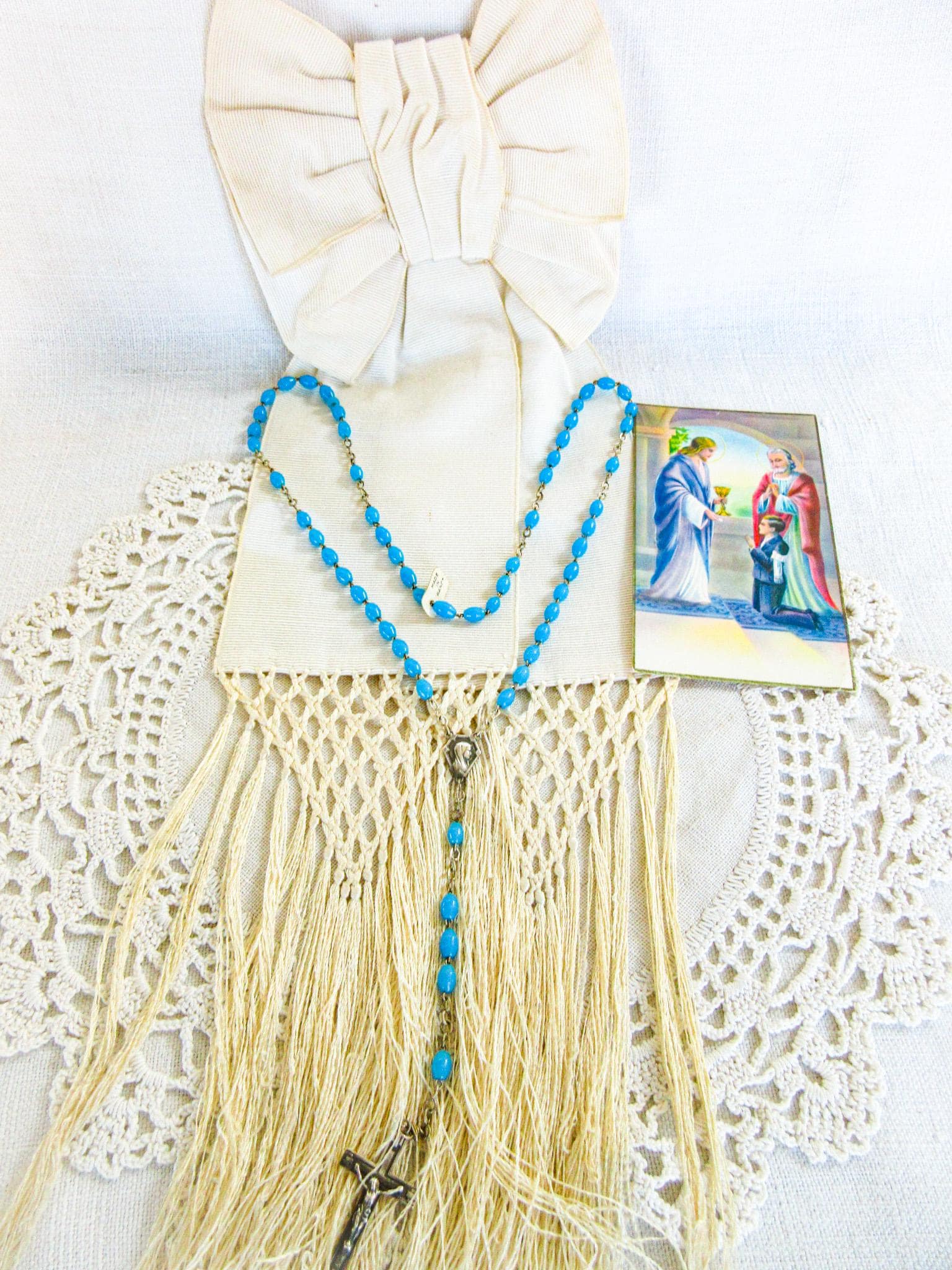 アンティークのフランス製初聖体拝領セット：腕章、ロザリオ、聖カード