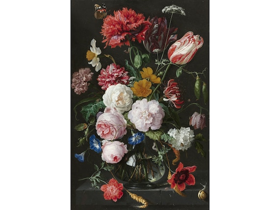 ガラスの花瓶に生けた花の静物画（油絵肉筆画）（680×680） ガラスの