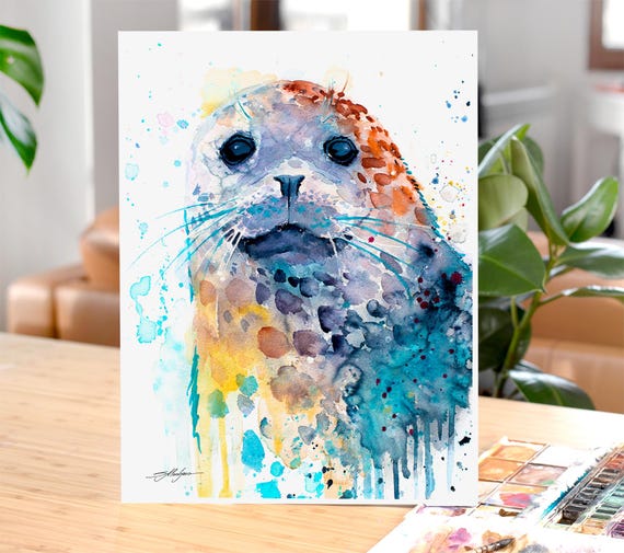 Slaveika Aladjova によるゼニガタアザラシの水彩画プリント、アート