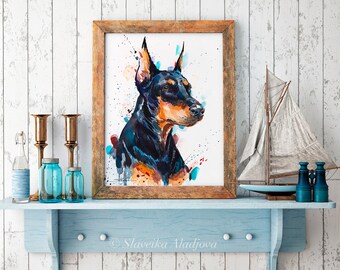 スラヴェイカ・アラジョヴァ作「ドーベルマン犬」限定版水彩画アート