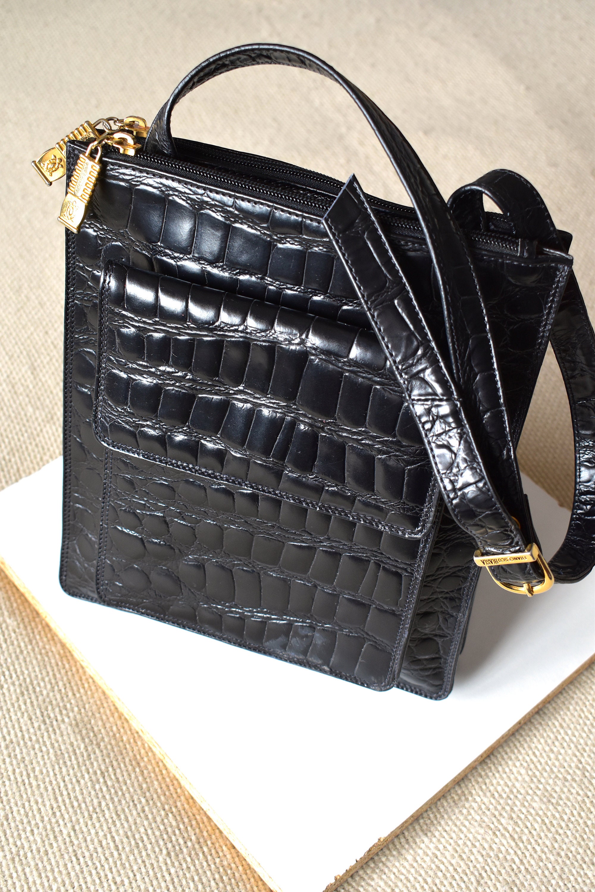 Vintage 90's Black Croc Print Francesco Biasia Shoulder Bag