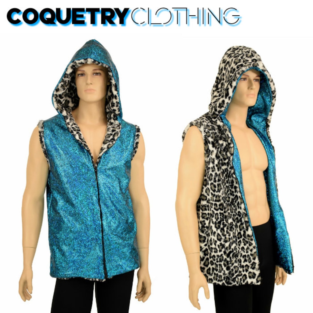 Mens Zipper Front Hooded Reversible Vest in Minky Snow Leopard