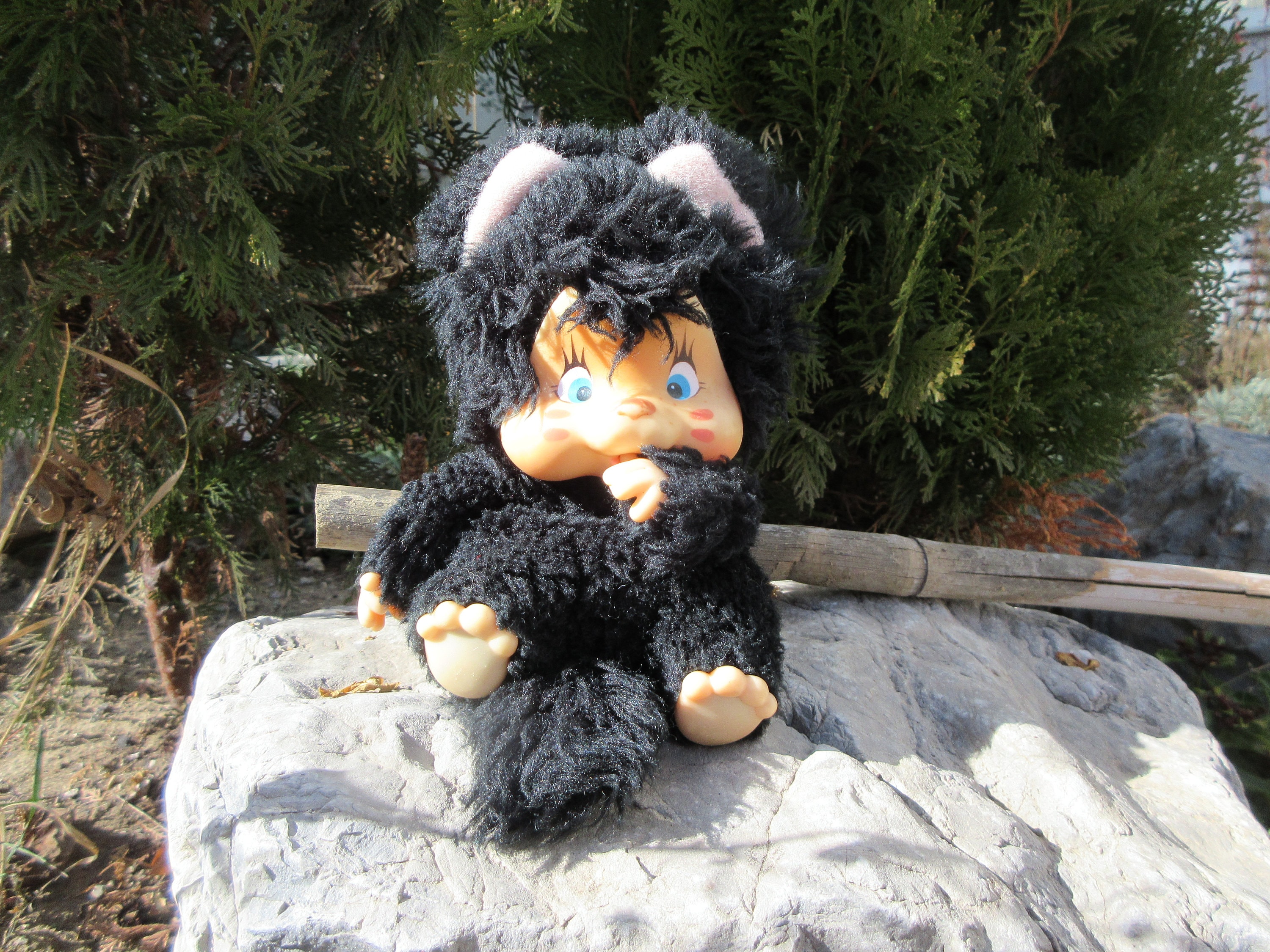 Vintage 1979s NYAMY Washino Black Kitten Monchhichi Doll, Thumb
