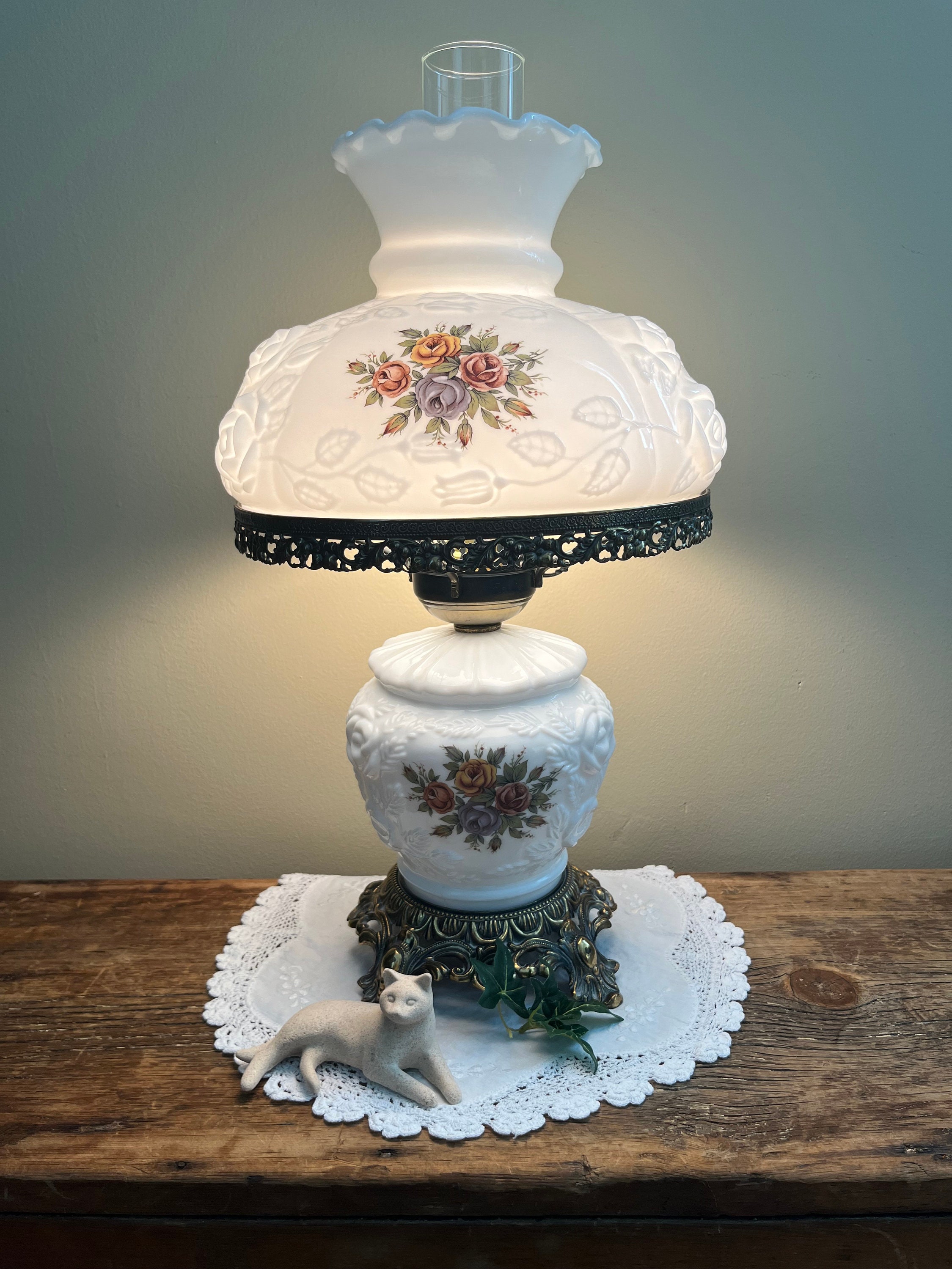 Vintage Milk Glass Victorian Parlor Table Lamp GWTW Hurricane Lamp