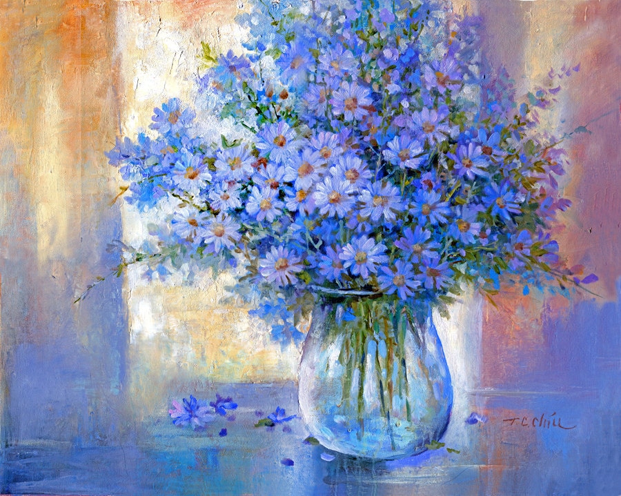 花瓶に入った青い花のフラワーアレンジメント：油絵アートプリント