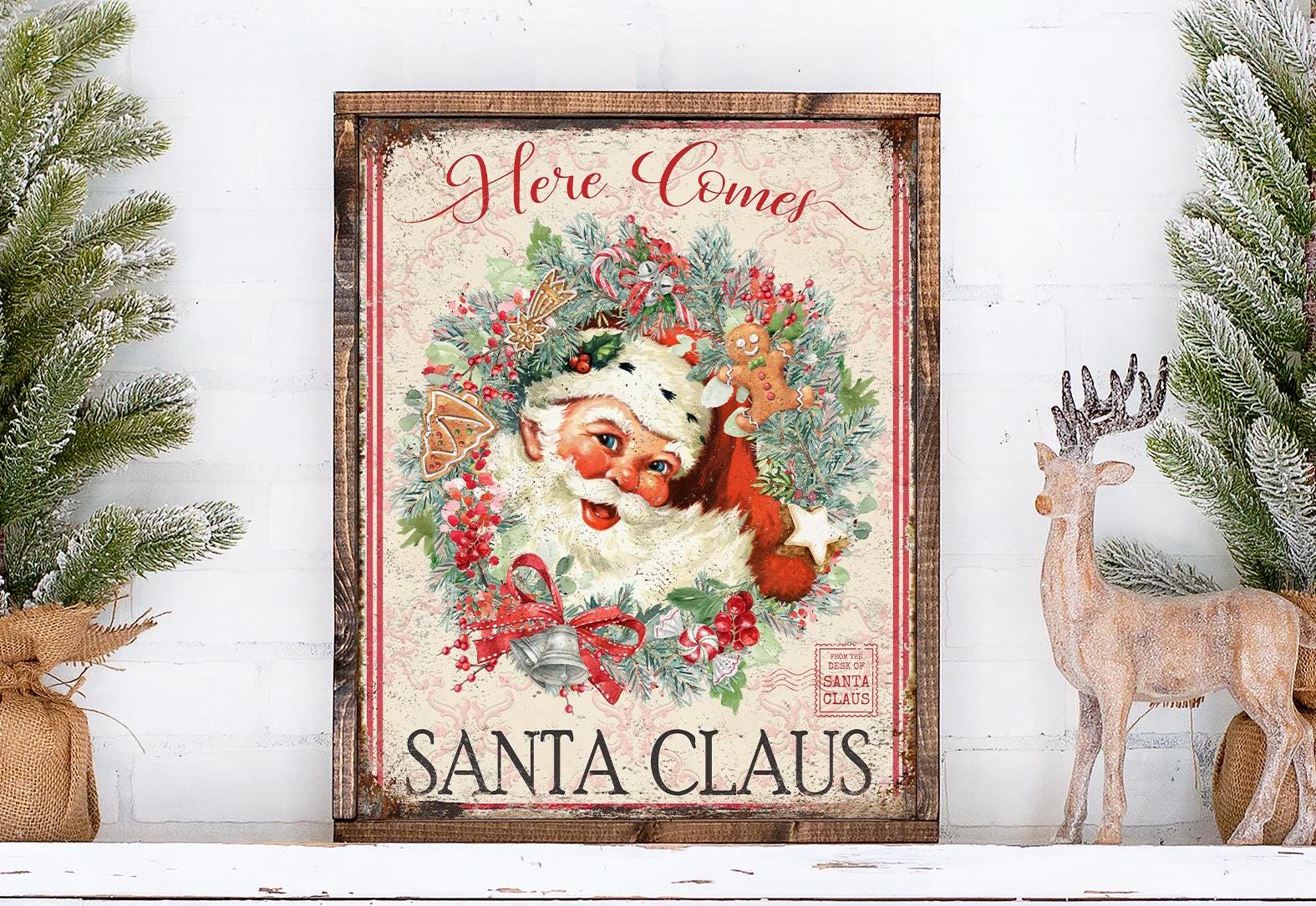 ヴィンテージサンタクロースのクリスマスサイン：素朴な農家風リース