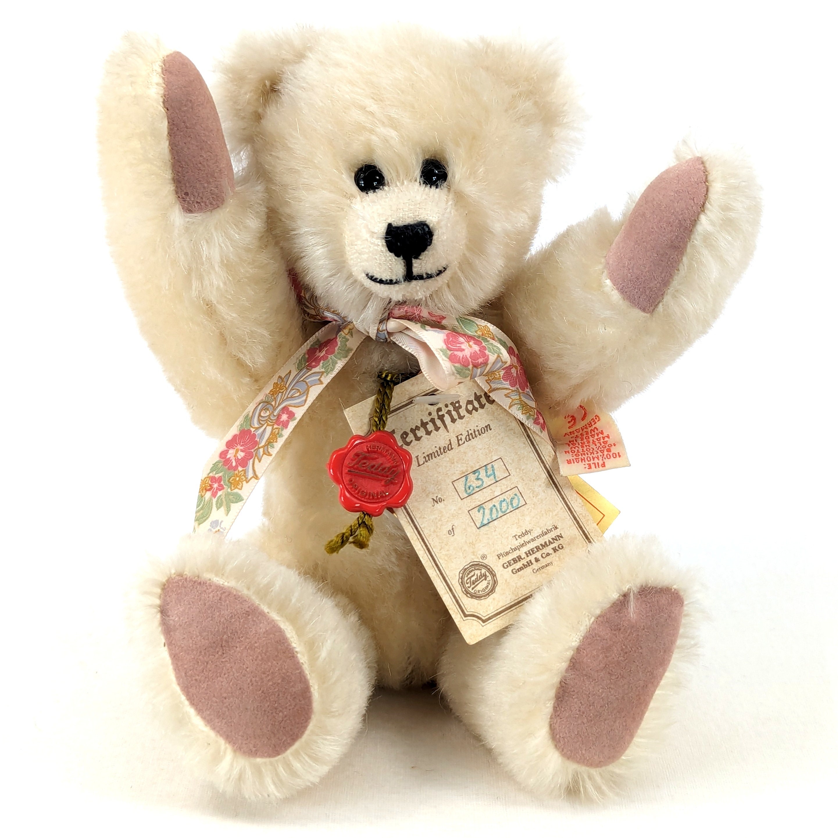 Hermann Teddy Bear White Mohair 8 Inches All Ids Vintage 1980s