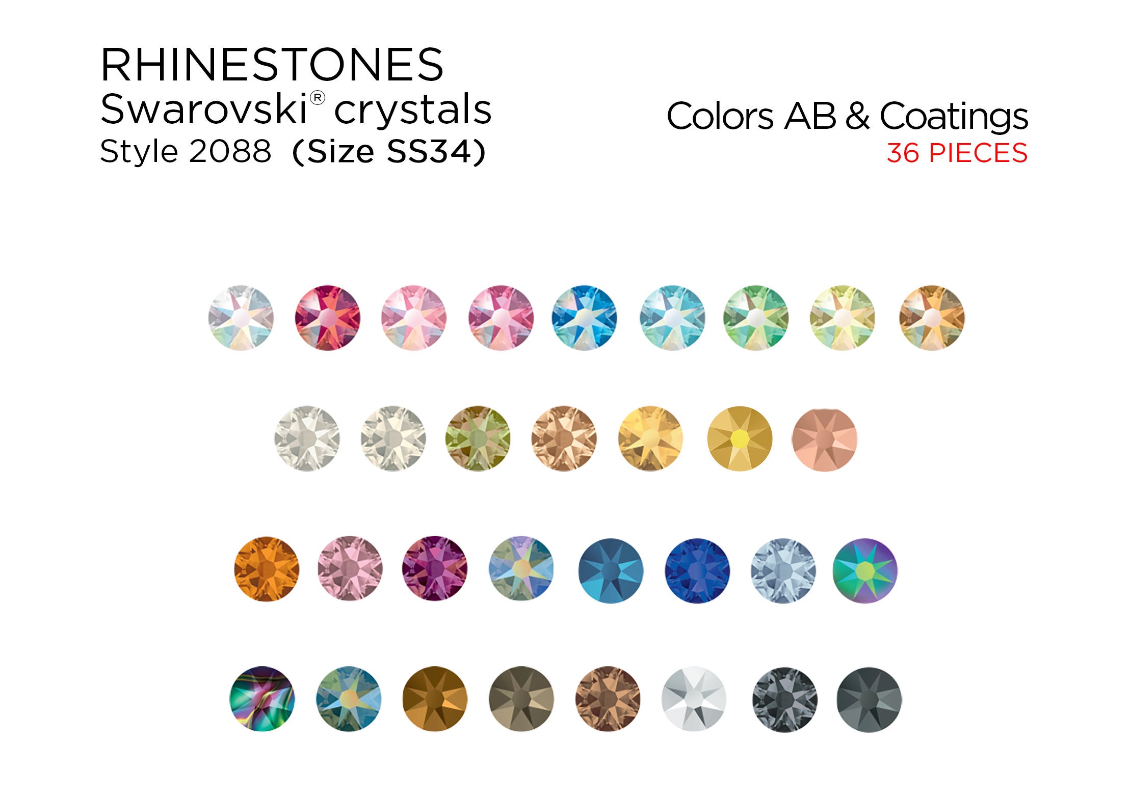 36 Pcs Swarovski Rhinestones 2088 SS34 AB Colors & Coatings