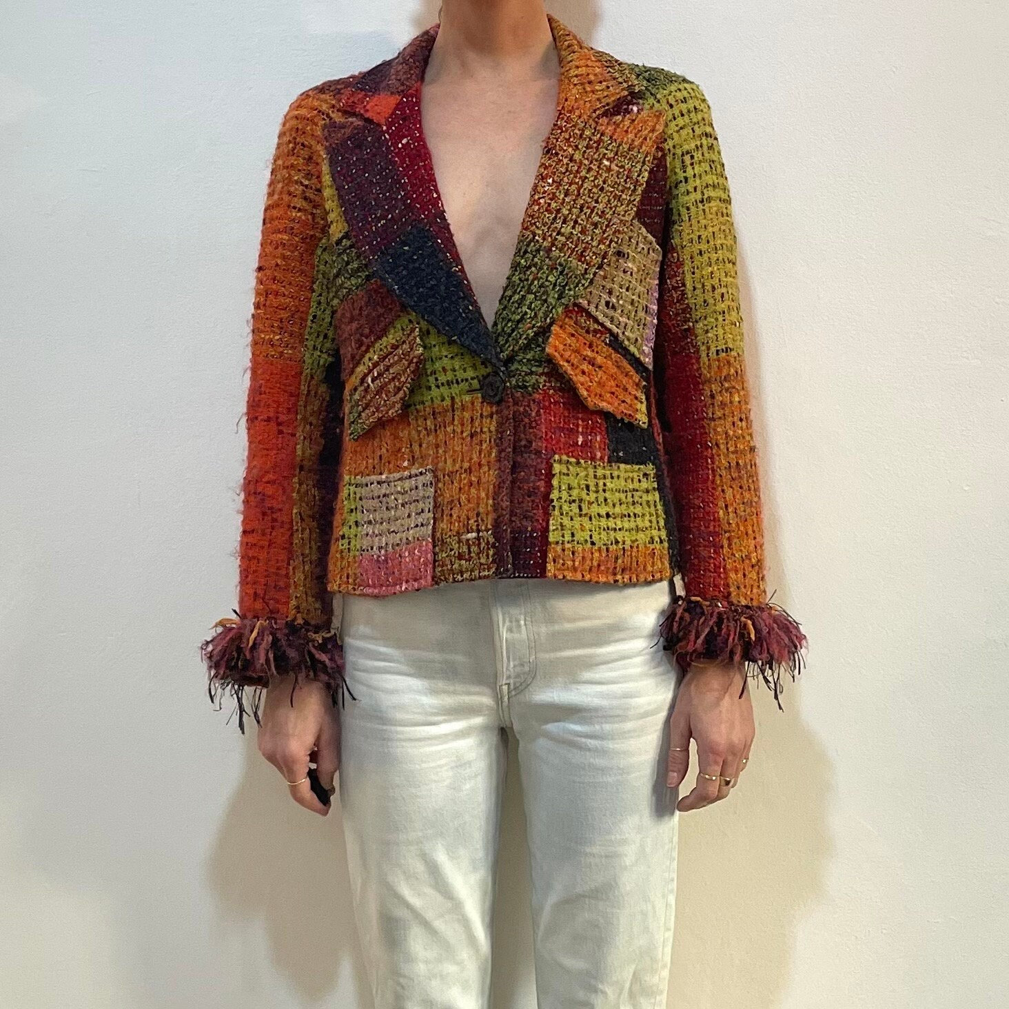 80s Christian Lacroix Tweed Twill Patchwork Jacket With Fringe