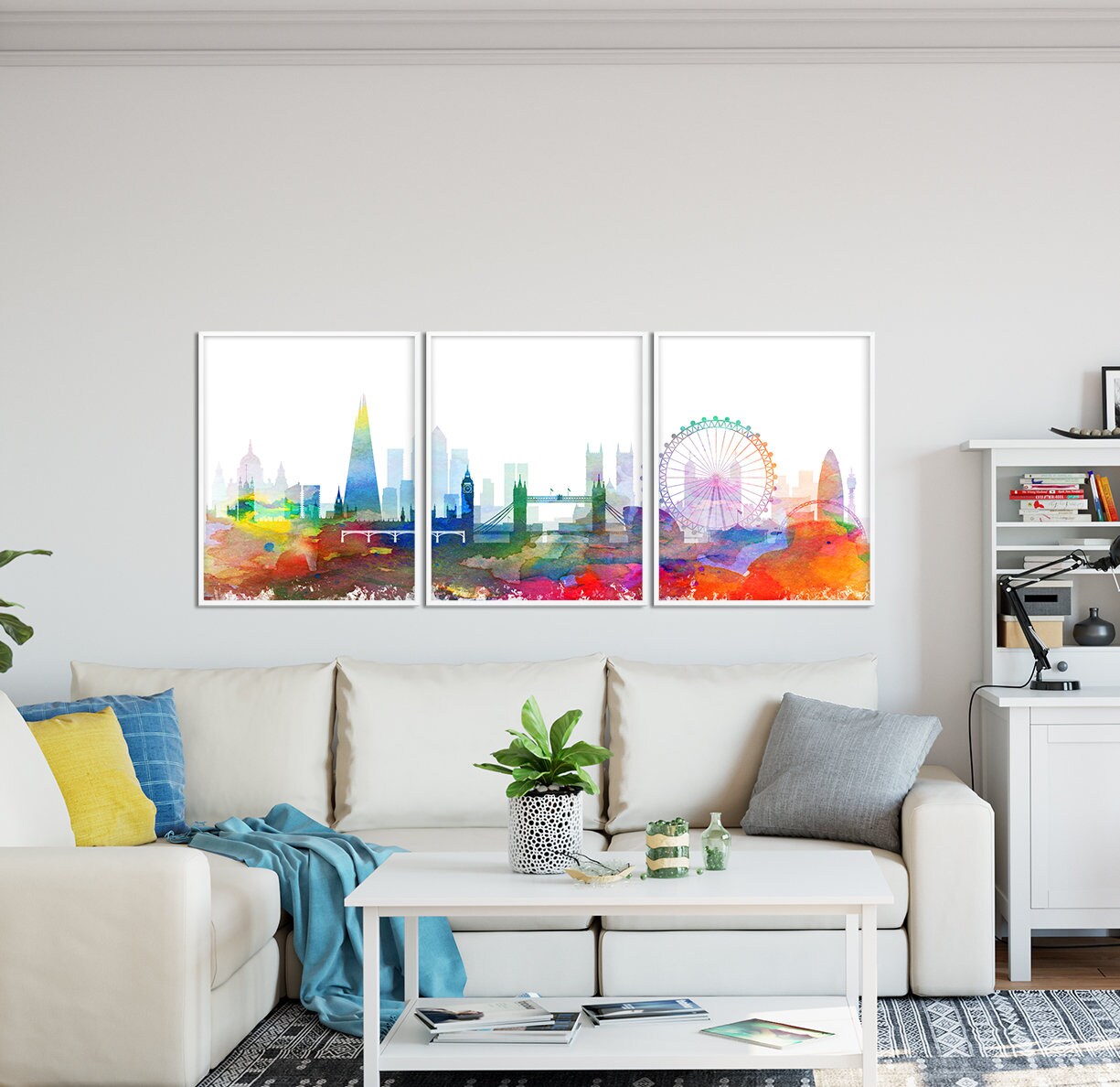 ロンドンのスカイライン プリント 3 枚セット、ロンドン三連画水彩画