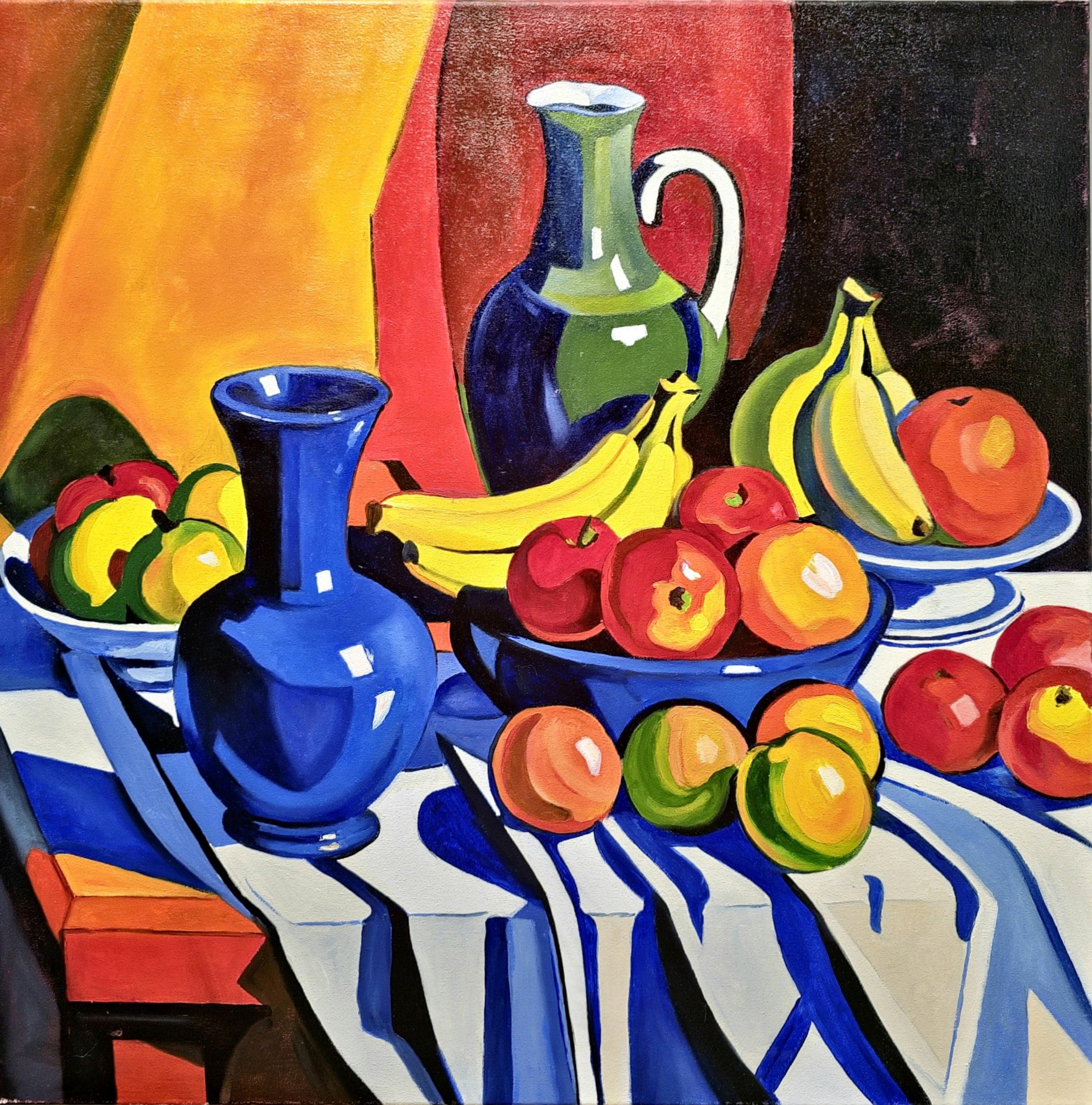 Contemporary Still Life Oil Painting, Modern Bold Colorful Fruits