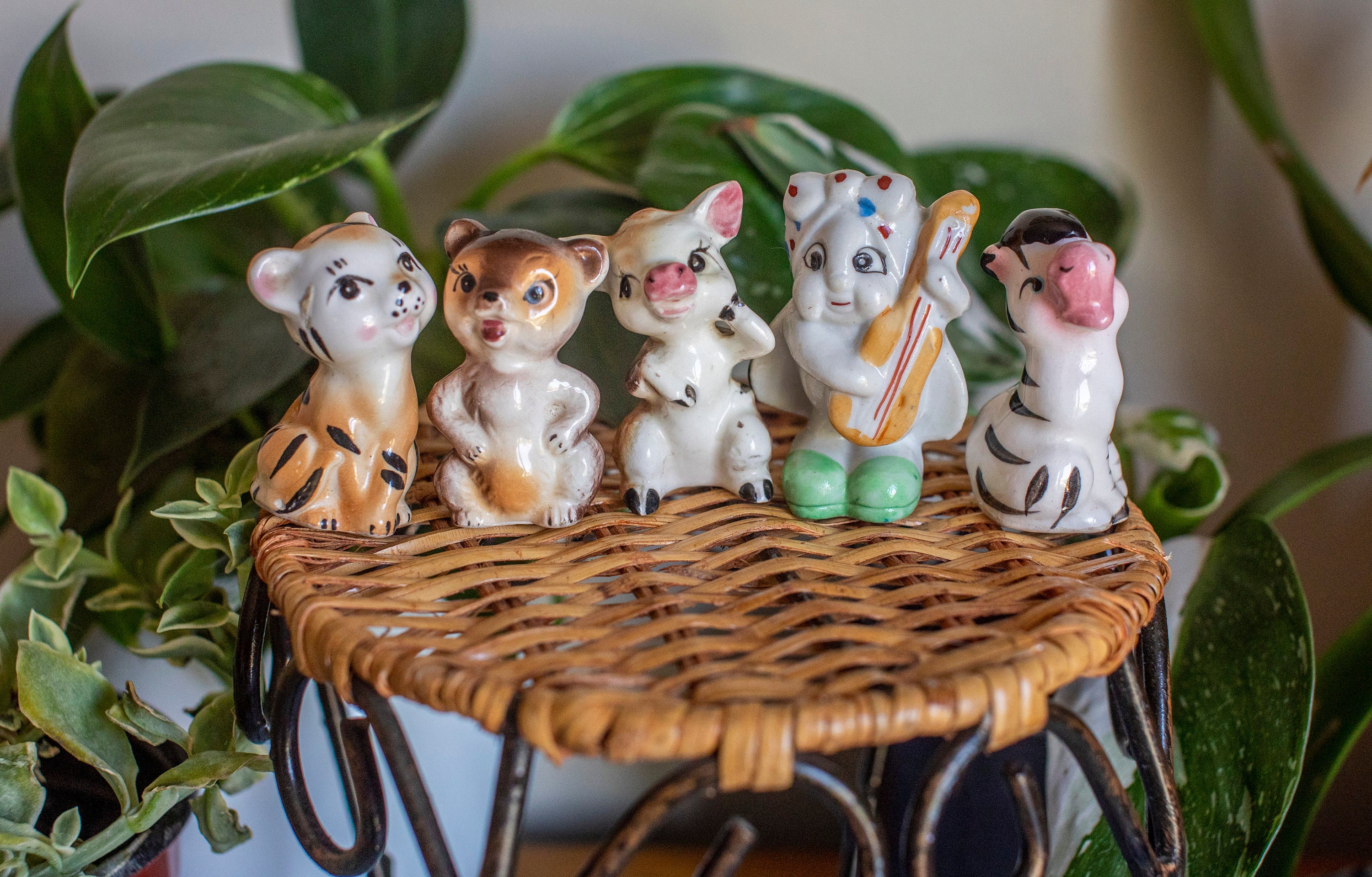 Vintage Porcelain Japanese Animal Figurines - Tiger, Bear, Cow