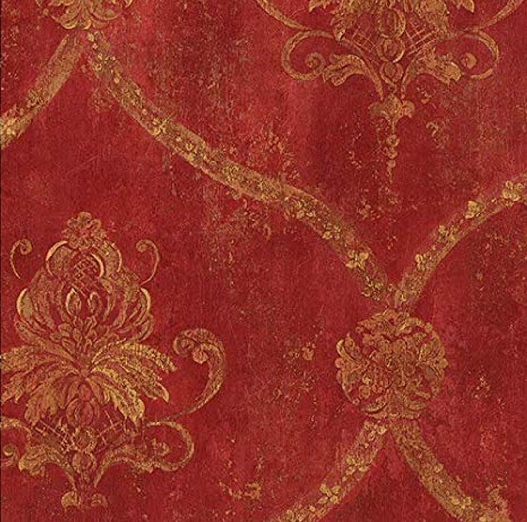 Vintage Red Gold Trellis Damask Wallpaper - Distressed Texture
