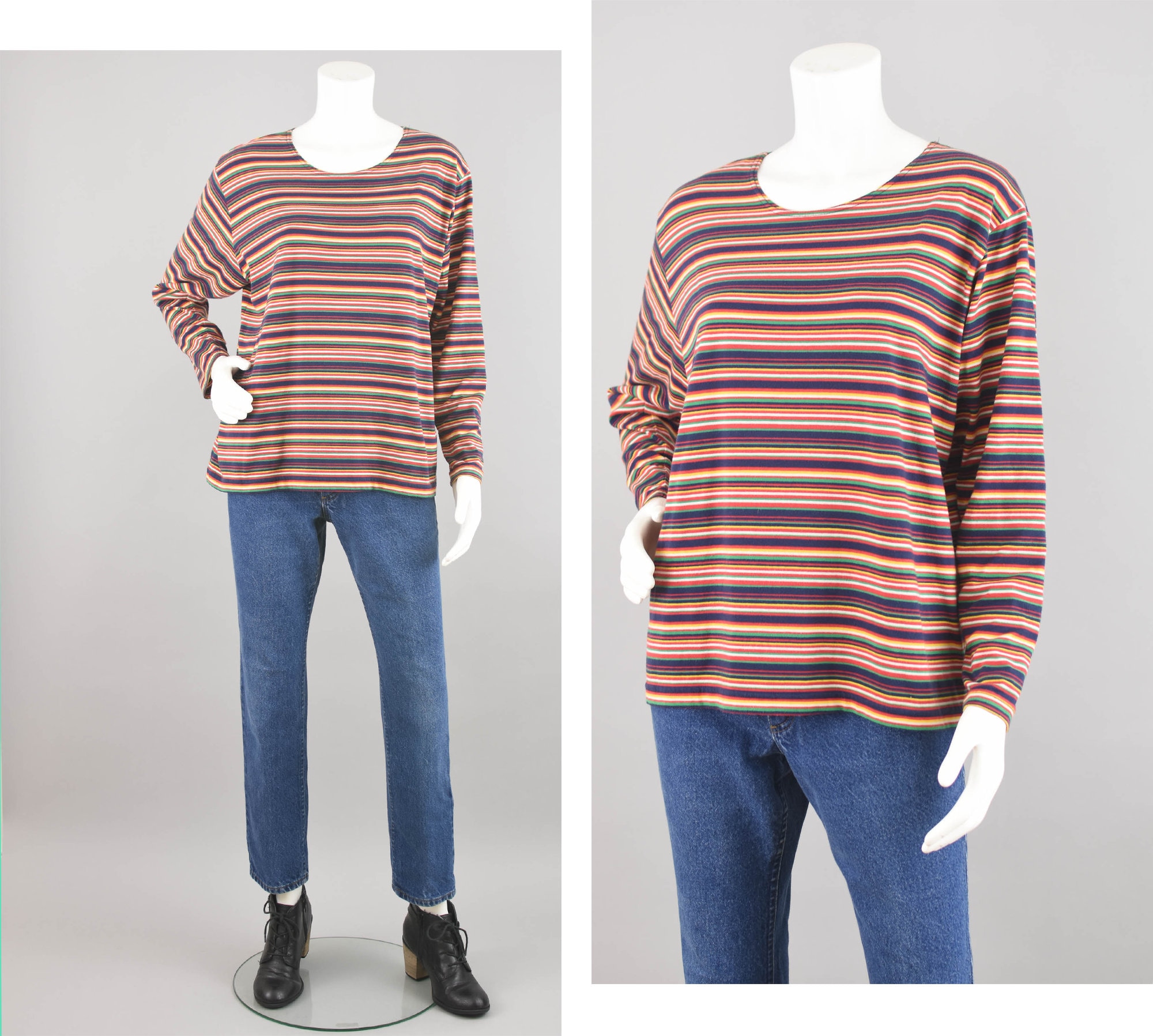 90s Striped Long Sleeve Top, Primary Colors Grunge Shirt, Women's