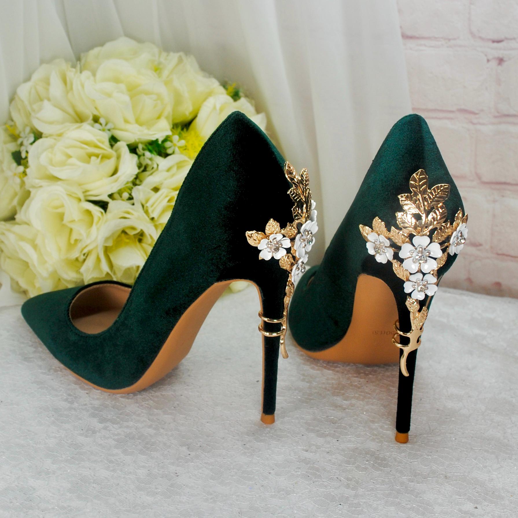 Emerald Green Velvet Heels: Cherry Blossom Embellished, UK7/US9.5