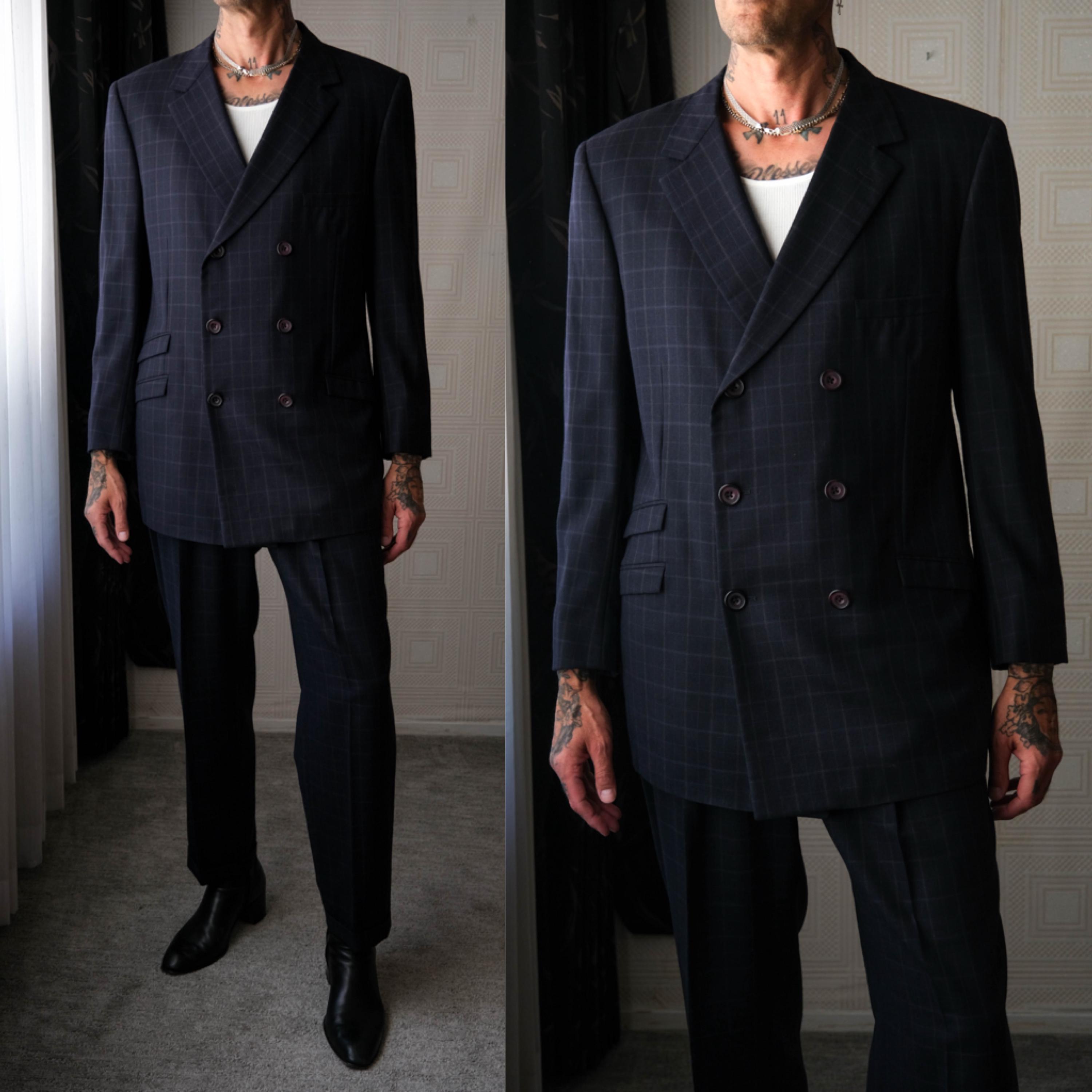 Vintage 90s GIANNI VERSACE COUTURE Navy Windowpane Six Button