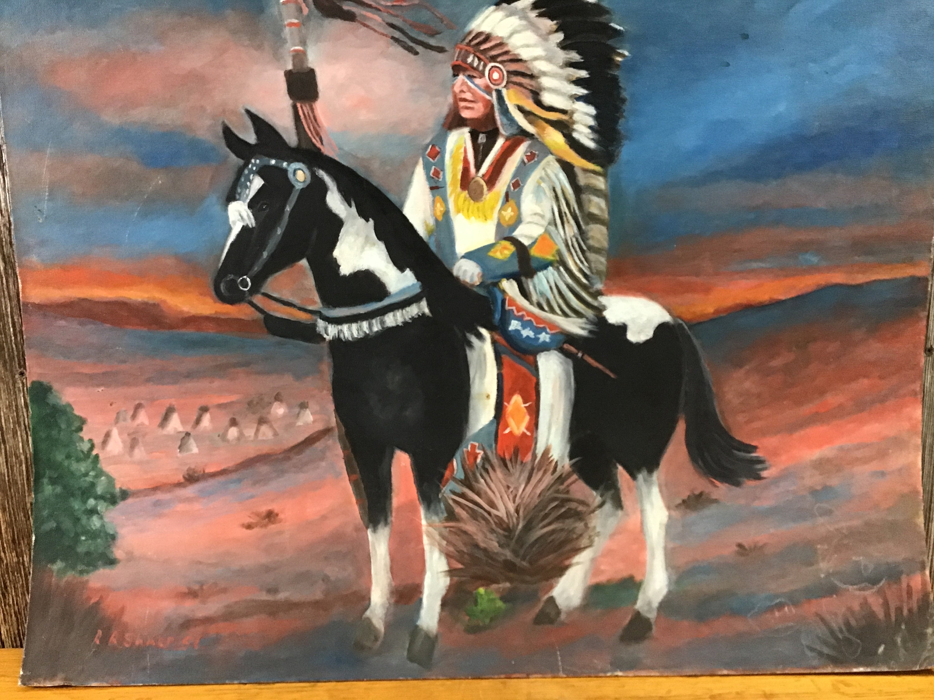 馬に乗ったインディアンの酋長を描いた大きな民俗芸術の絵画 - Etsy 日本