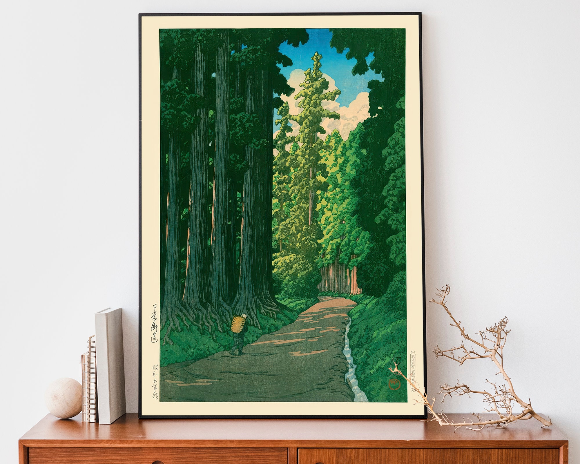 Vintage Japanese Forest Poster, Woodblock Art, Road to Nikko by