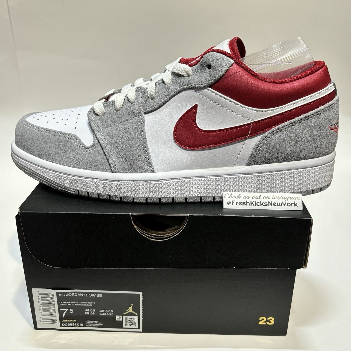 Air Jordan 1 Low SE Light Smoke Grey Gym Red Men Size 7.5 New