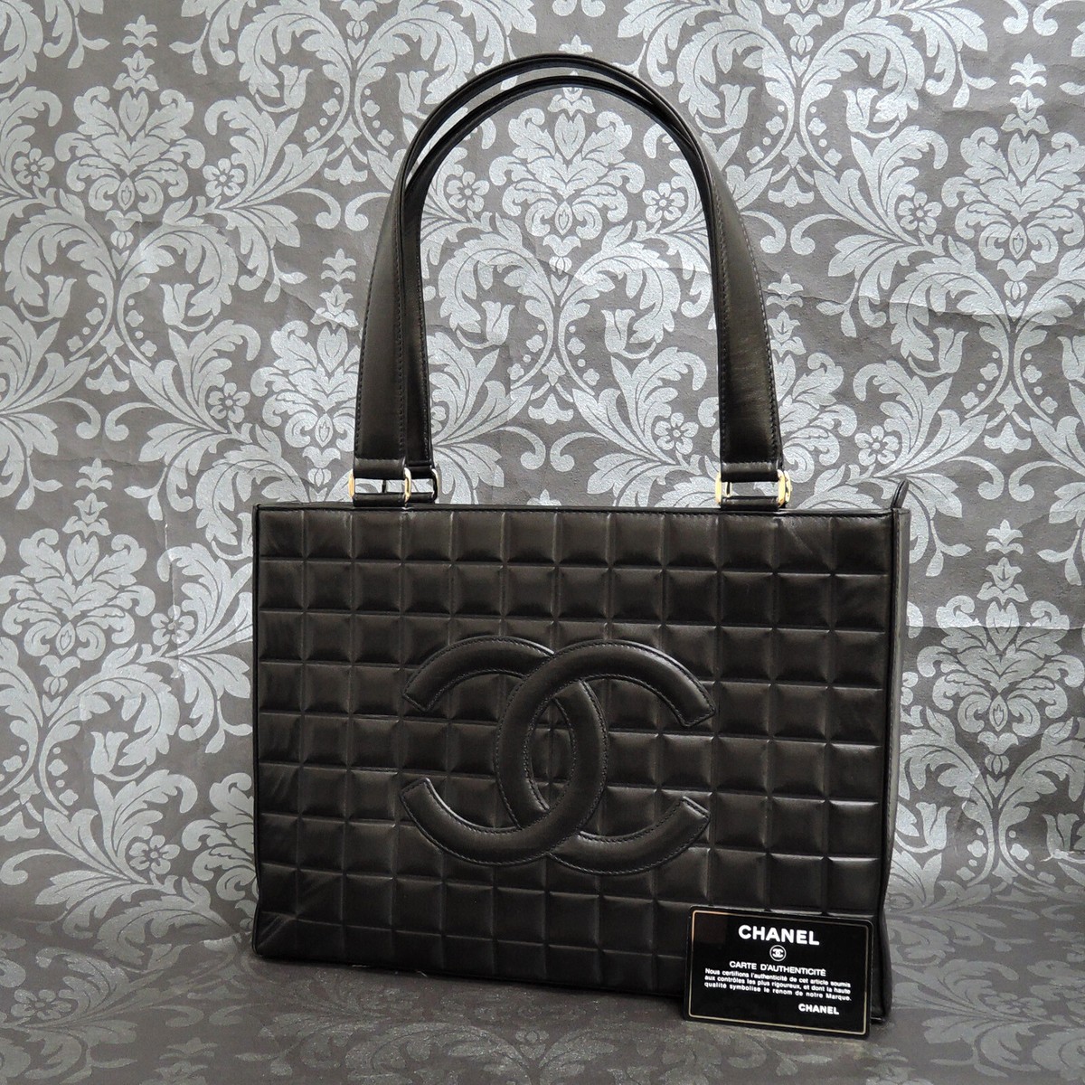 CHANEL Chocobar Calf Skin Leather Black Shoulder Bag Tote Bag