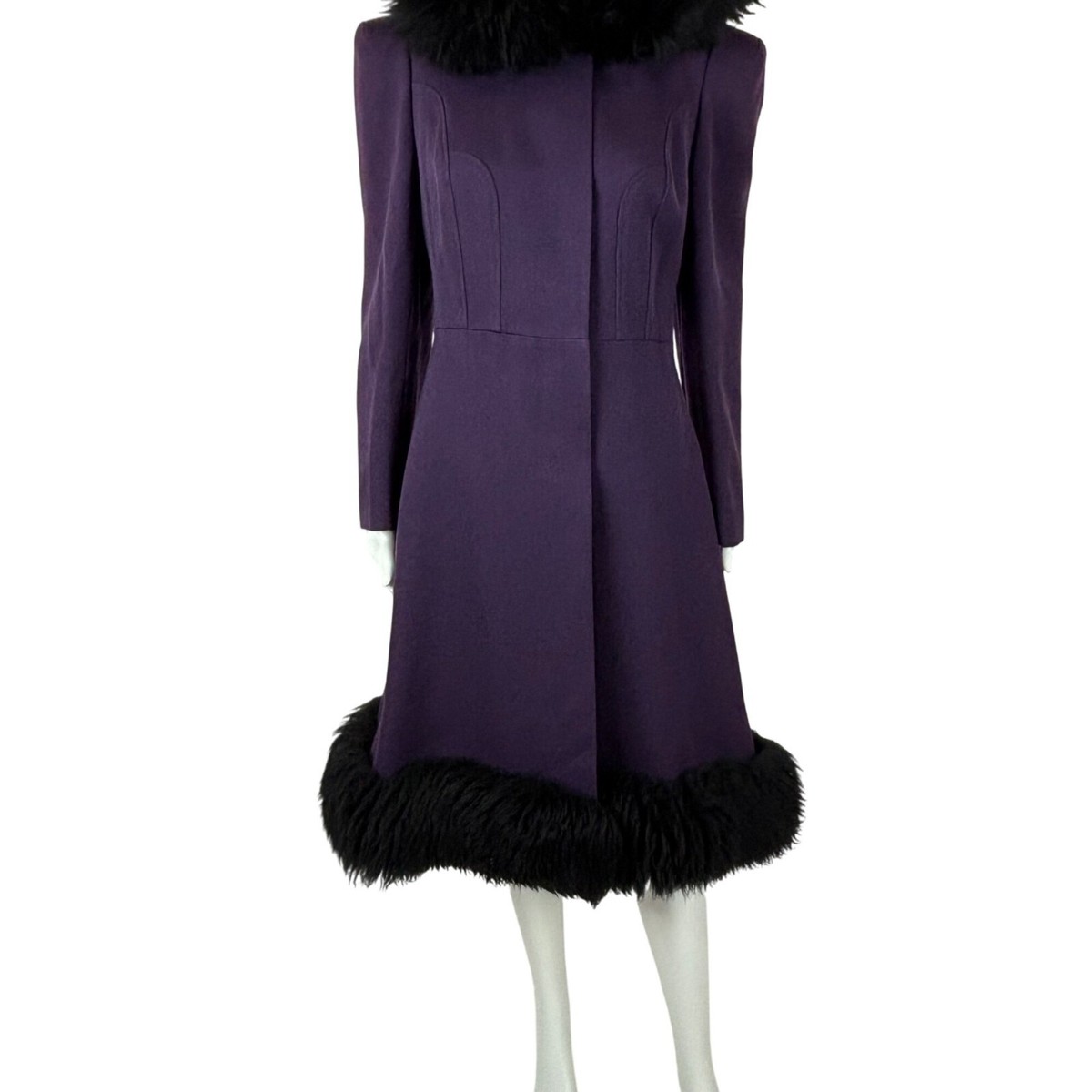 Vintage 60s Mod Coat Womens Small Purple Eggplant Black Faux Fur