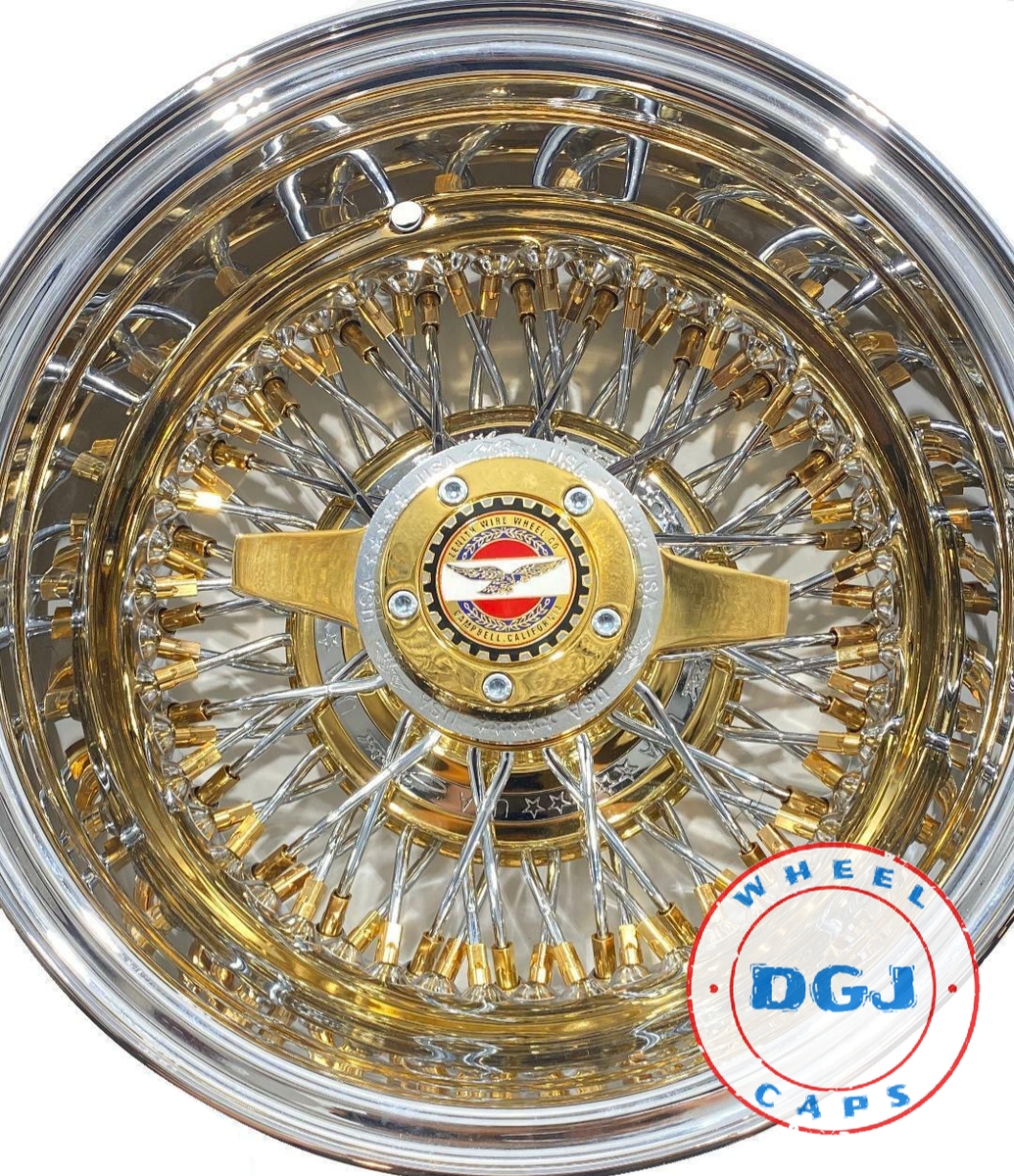 13x7 Zenith Style Lowrider Wire Wheels with Chrome Ring, Gold