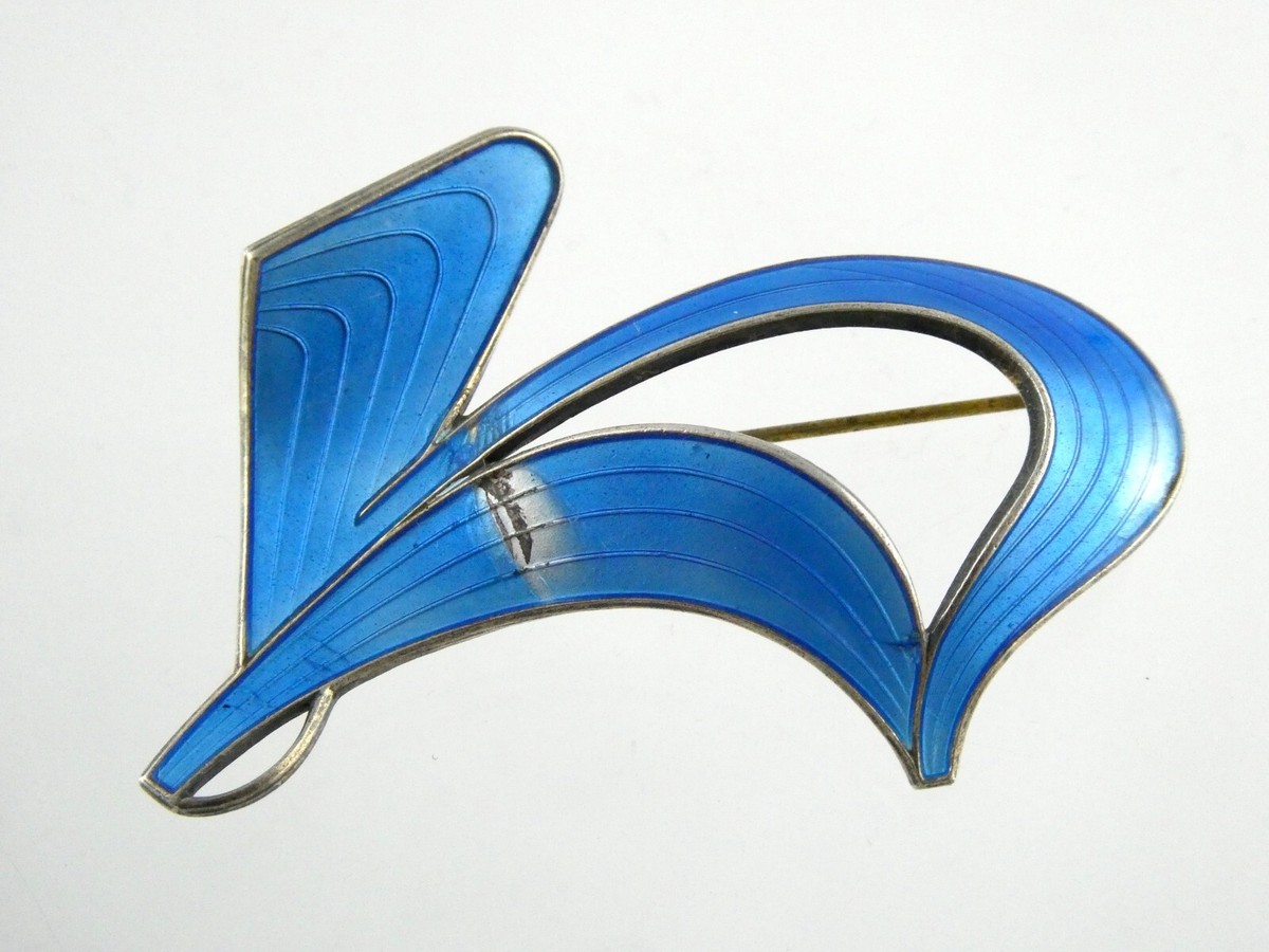 Ivar Holth Norway Sterling Silver Blue Enamel Modernist Shape