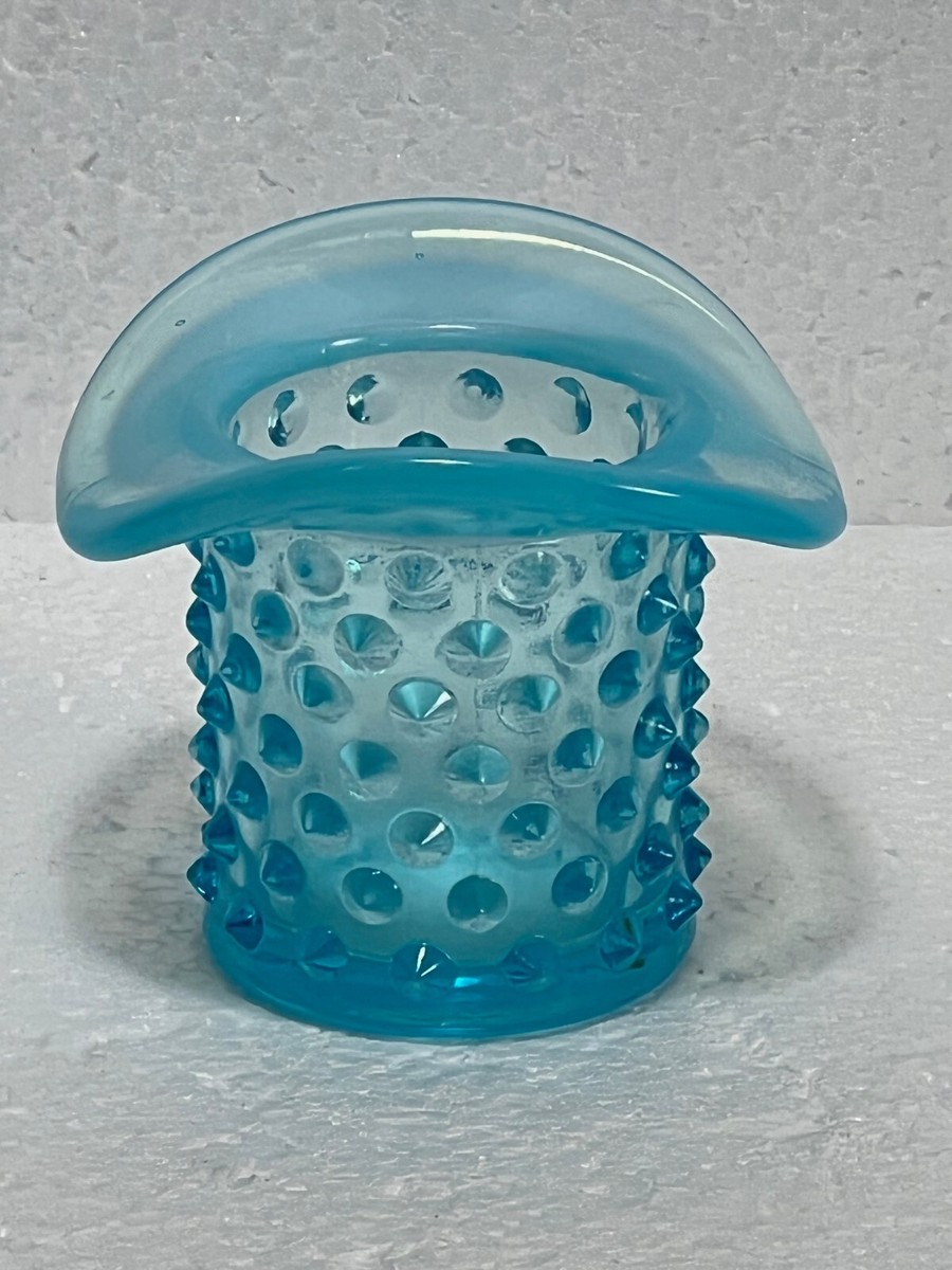 Vintage Fenton Opalescent Aqua Blue Hobnail Top Hat Vase