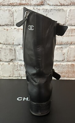 Chanel Black Leather Side Zip CC Logo Moto Boots Sz 39 US 9 100